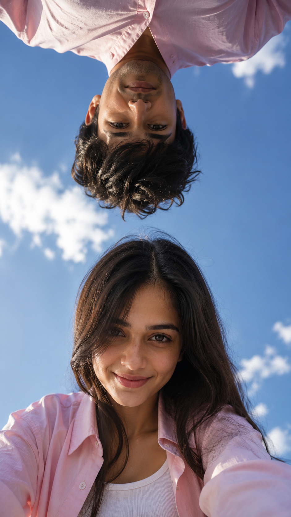 Playful Skyward Upside-Down Selfie