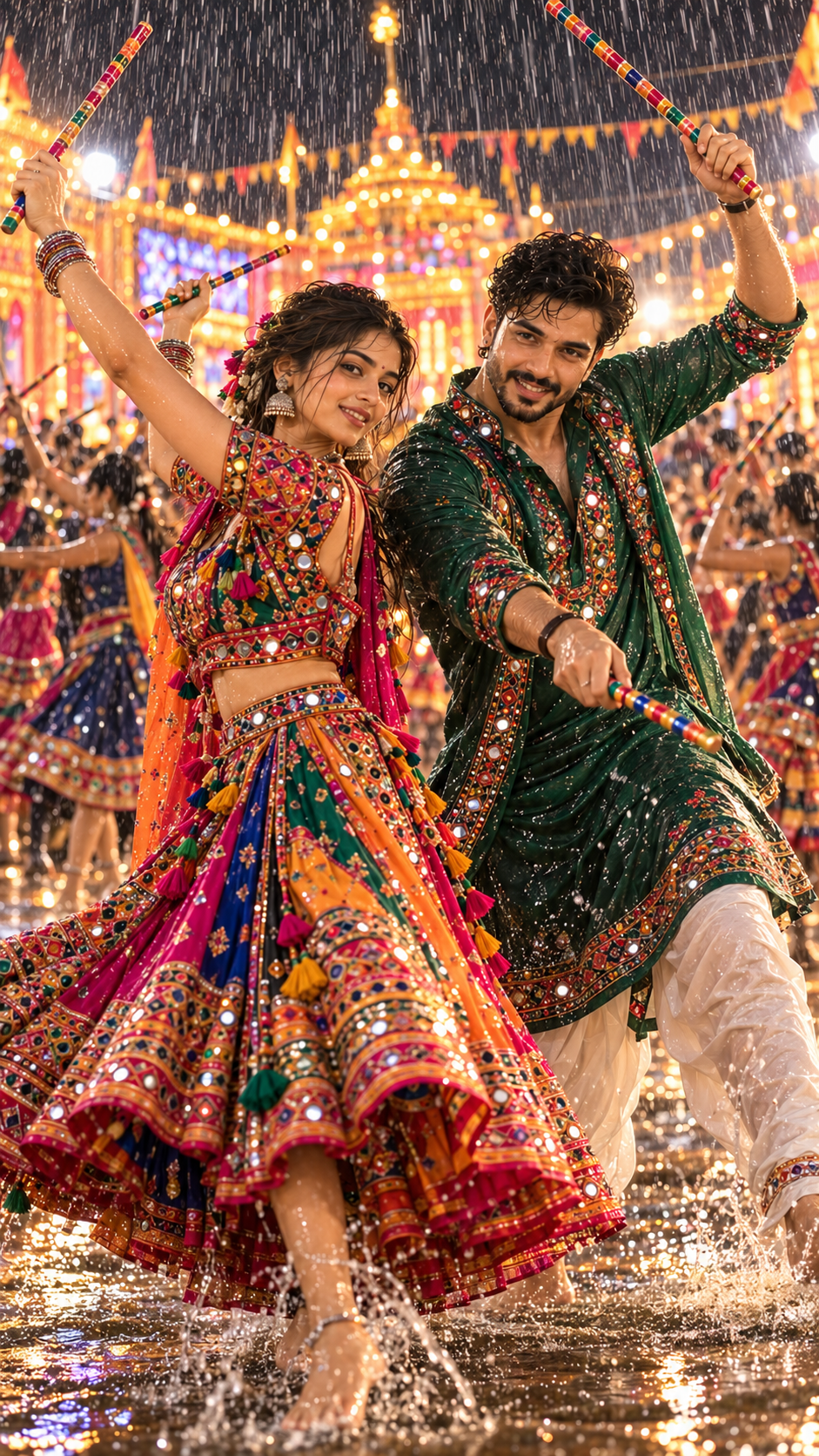 Indian couple performing an energetic Garba