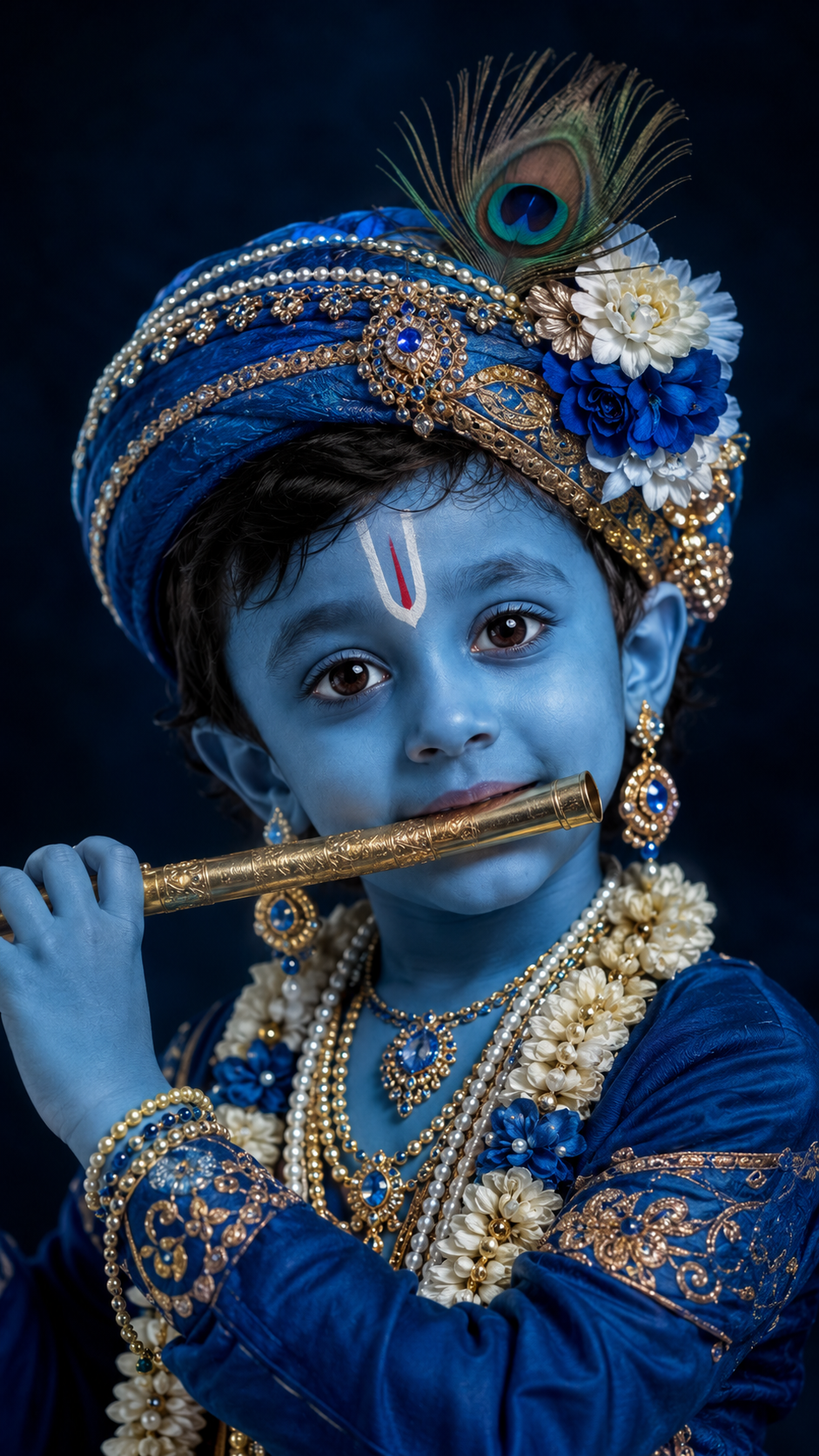 Blue Krishna Portrait with Golden Flute