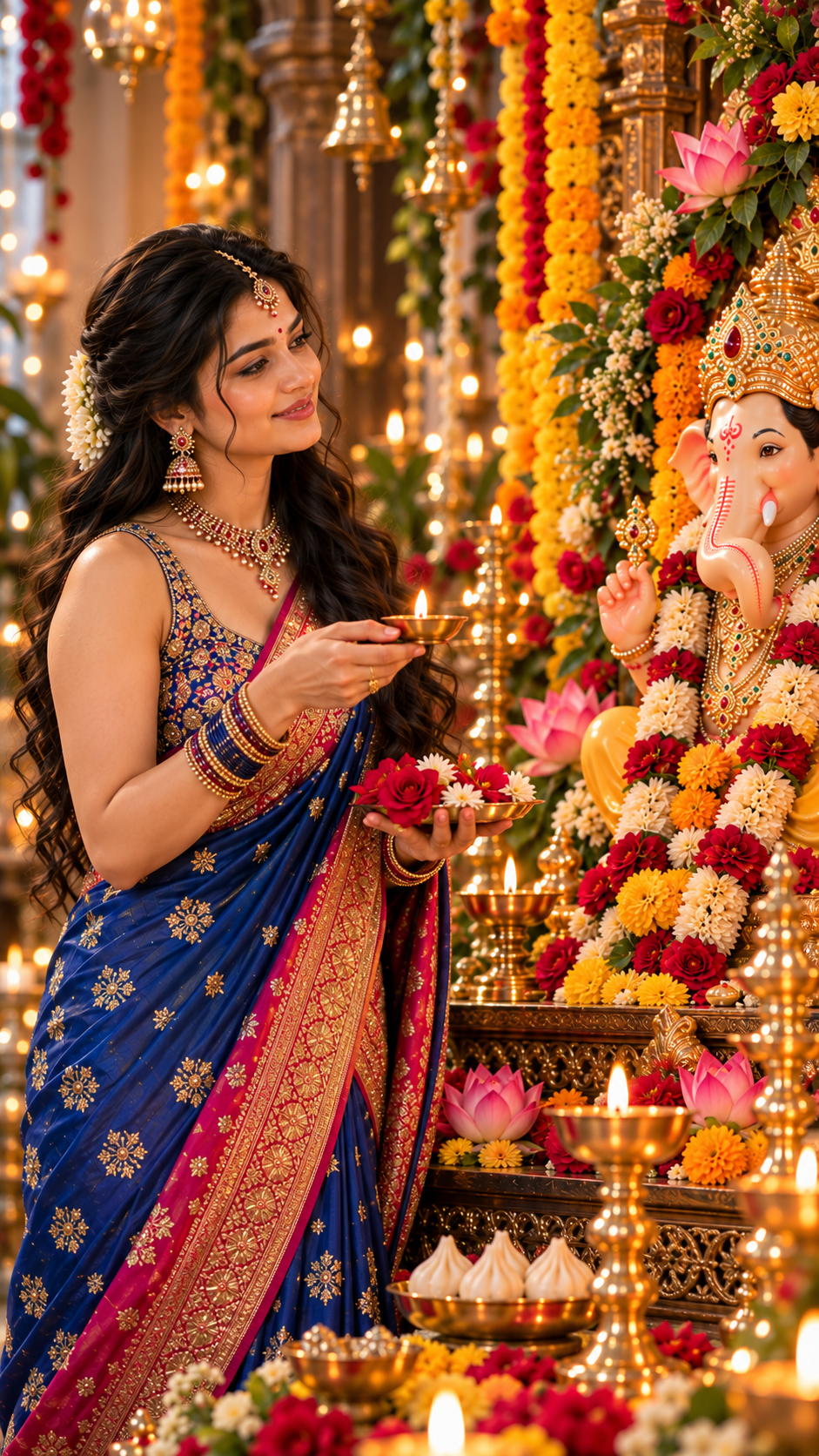 Festive Ganesha Aarti in a Golden Shrine