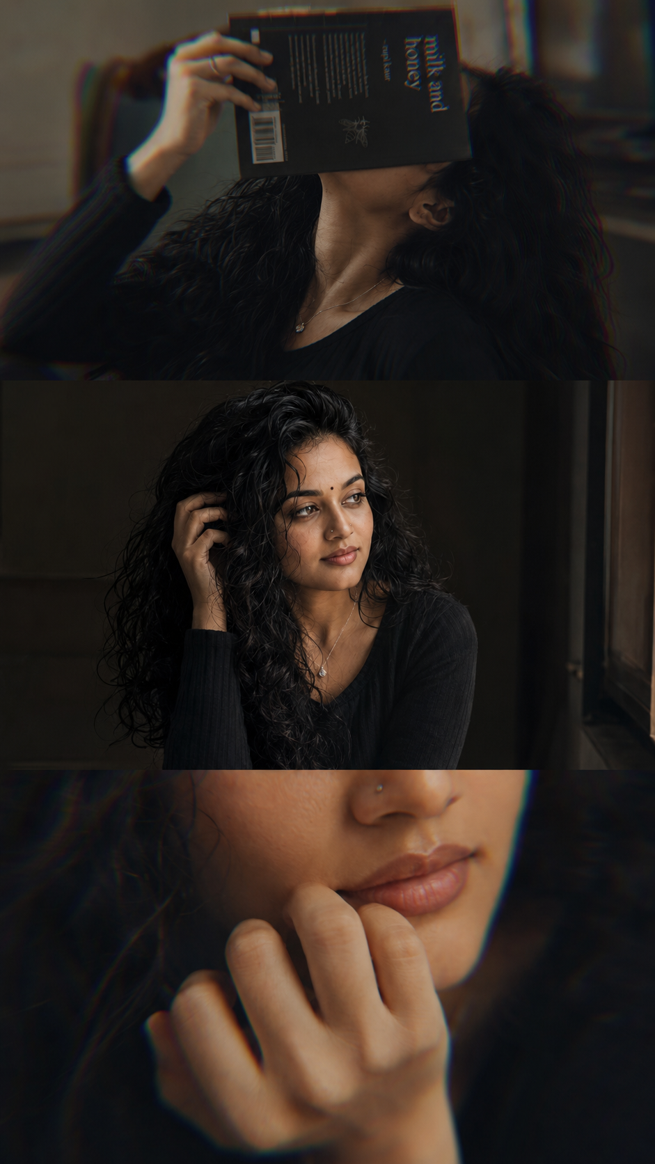 Moody triptych of contemplative portrait
