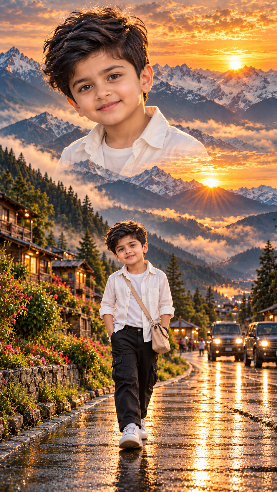 Golden Sunset Mountain Village Portrait