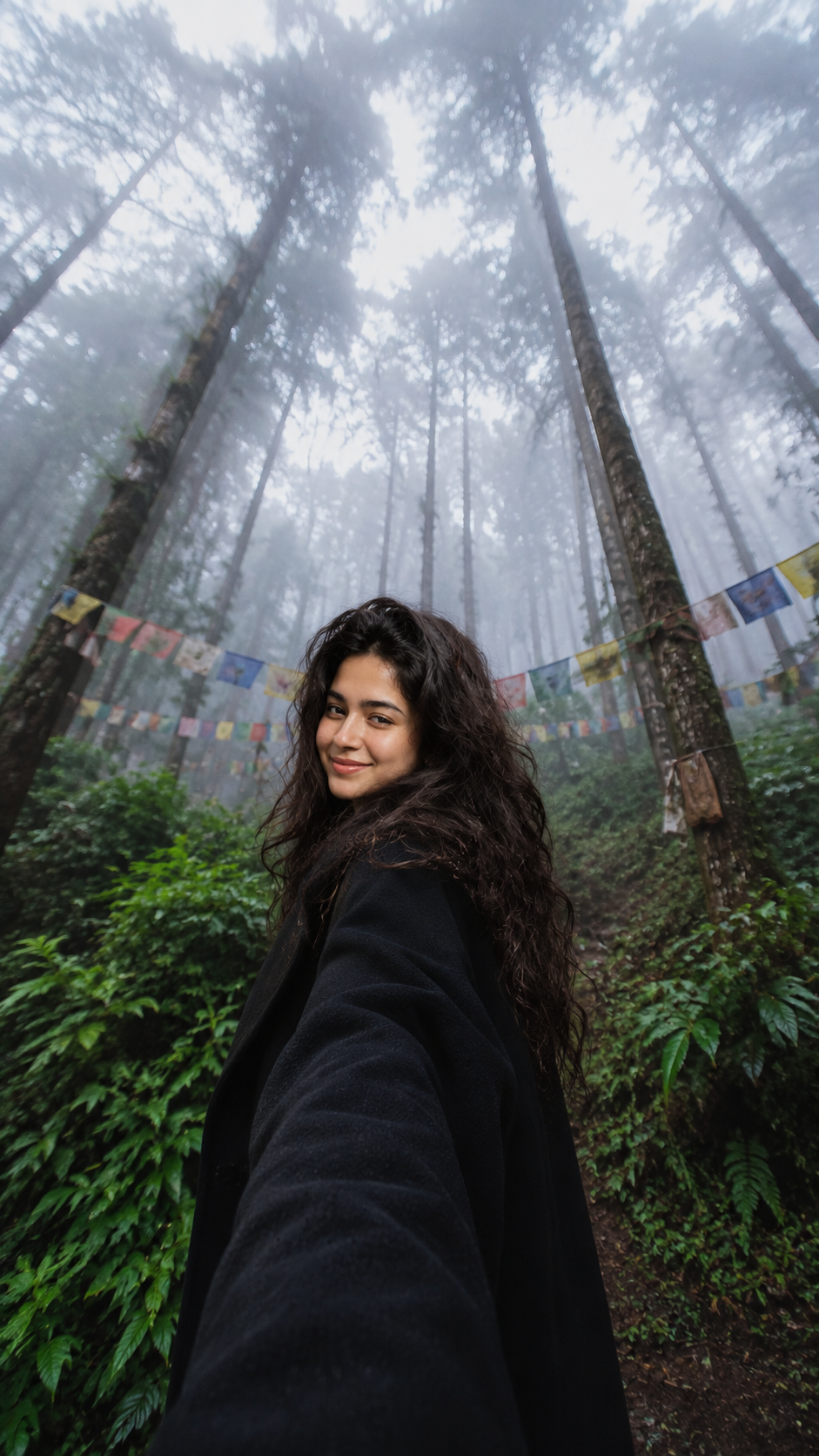 woman standing in the middle of a mystical foggy pine