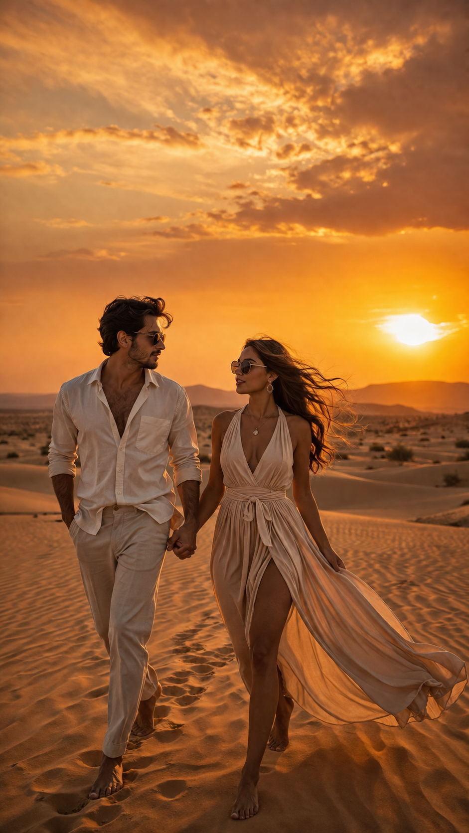 Romantic desert walk at sunset