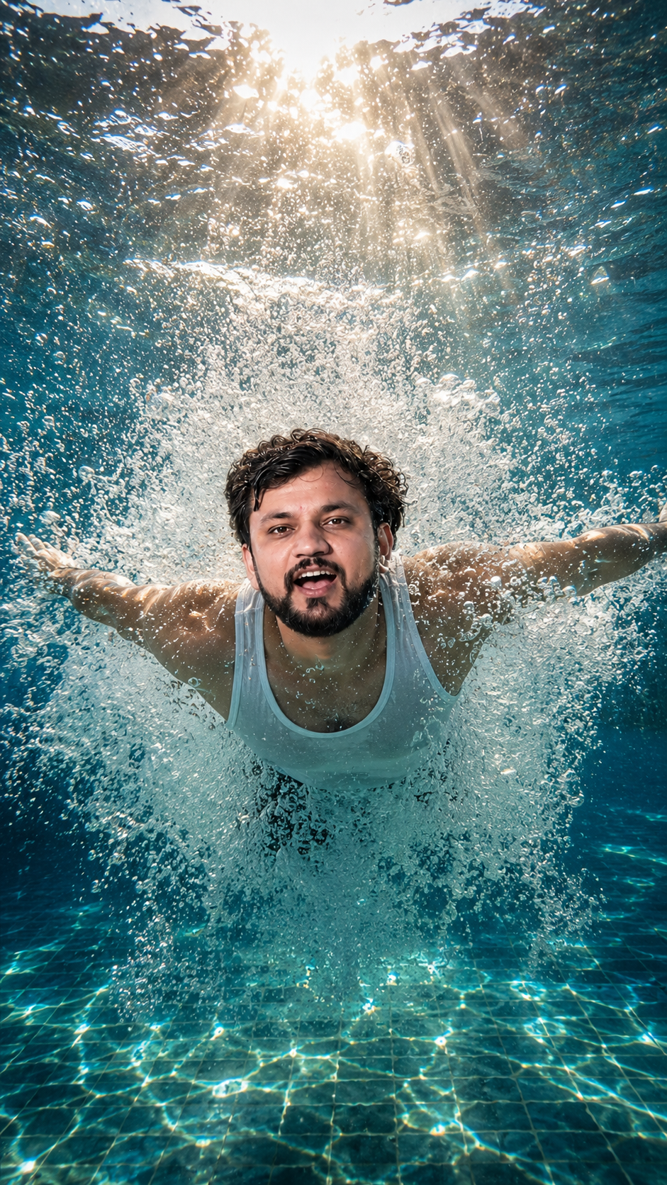 Underwater joy in sunlit pool