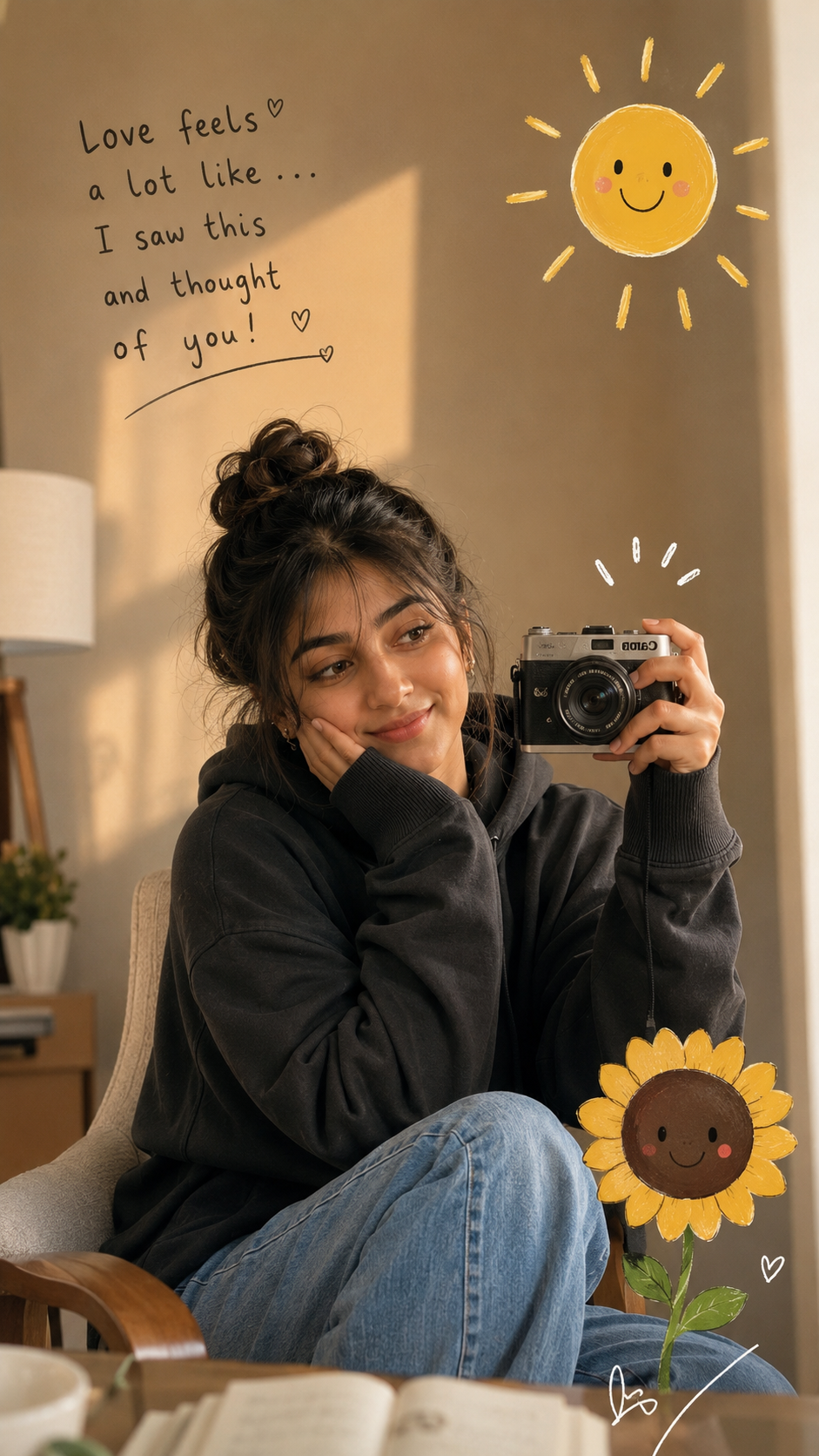 Cozy selfie with whimsical doodles
