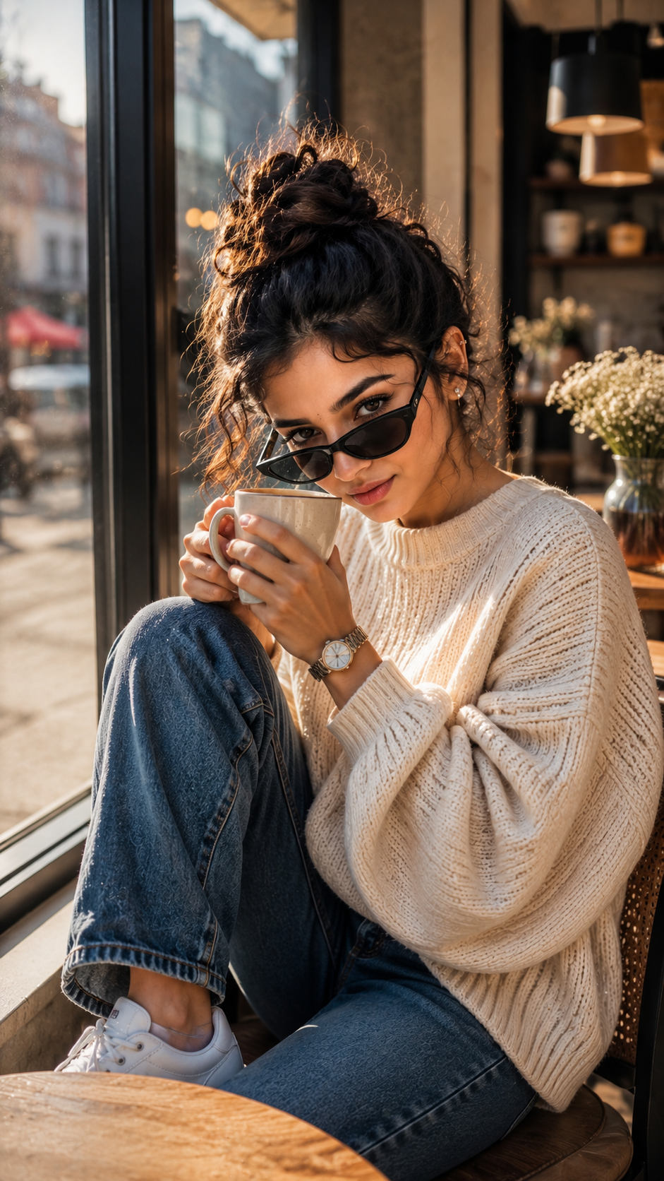 Sunny café moment with coffee and style