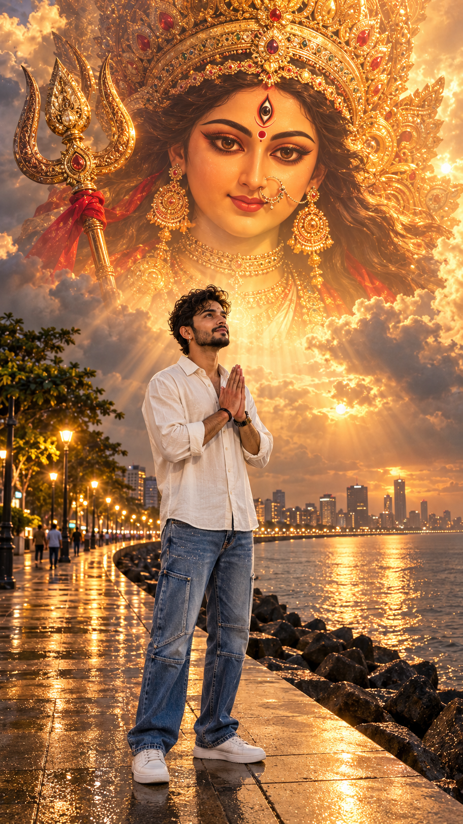 Indian young man is standing in a respectful 'Namaste' pose