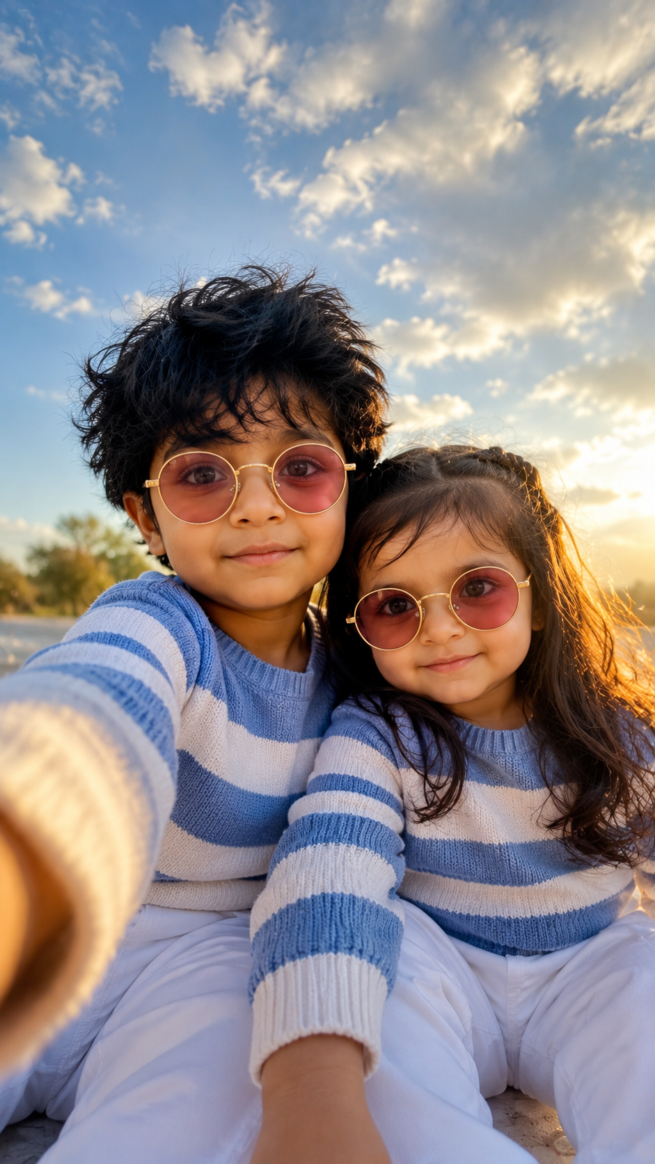 Golden hour selfie with siblings
