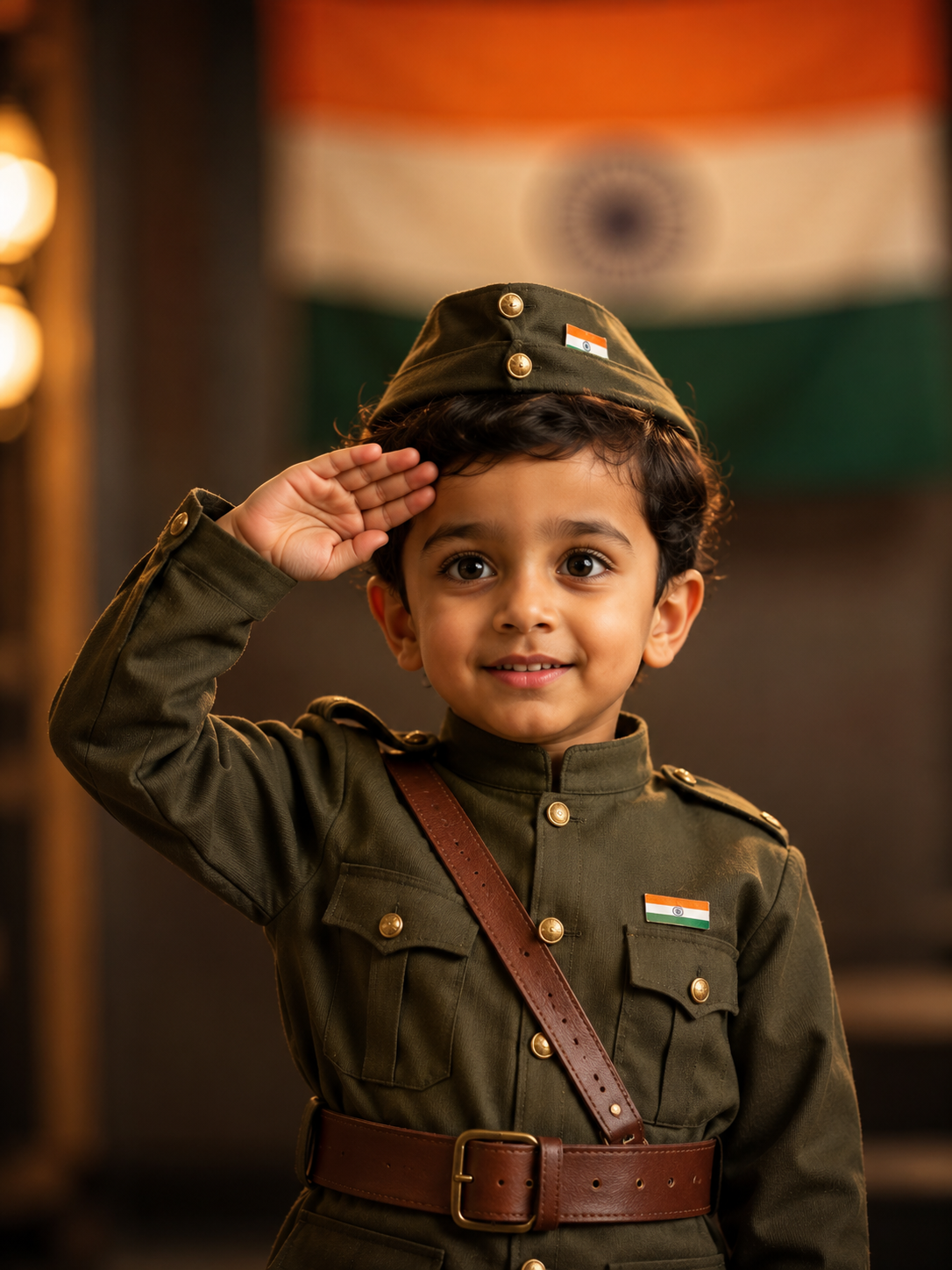 Young Soldier Saluting Before the Indian Flag