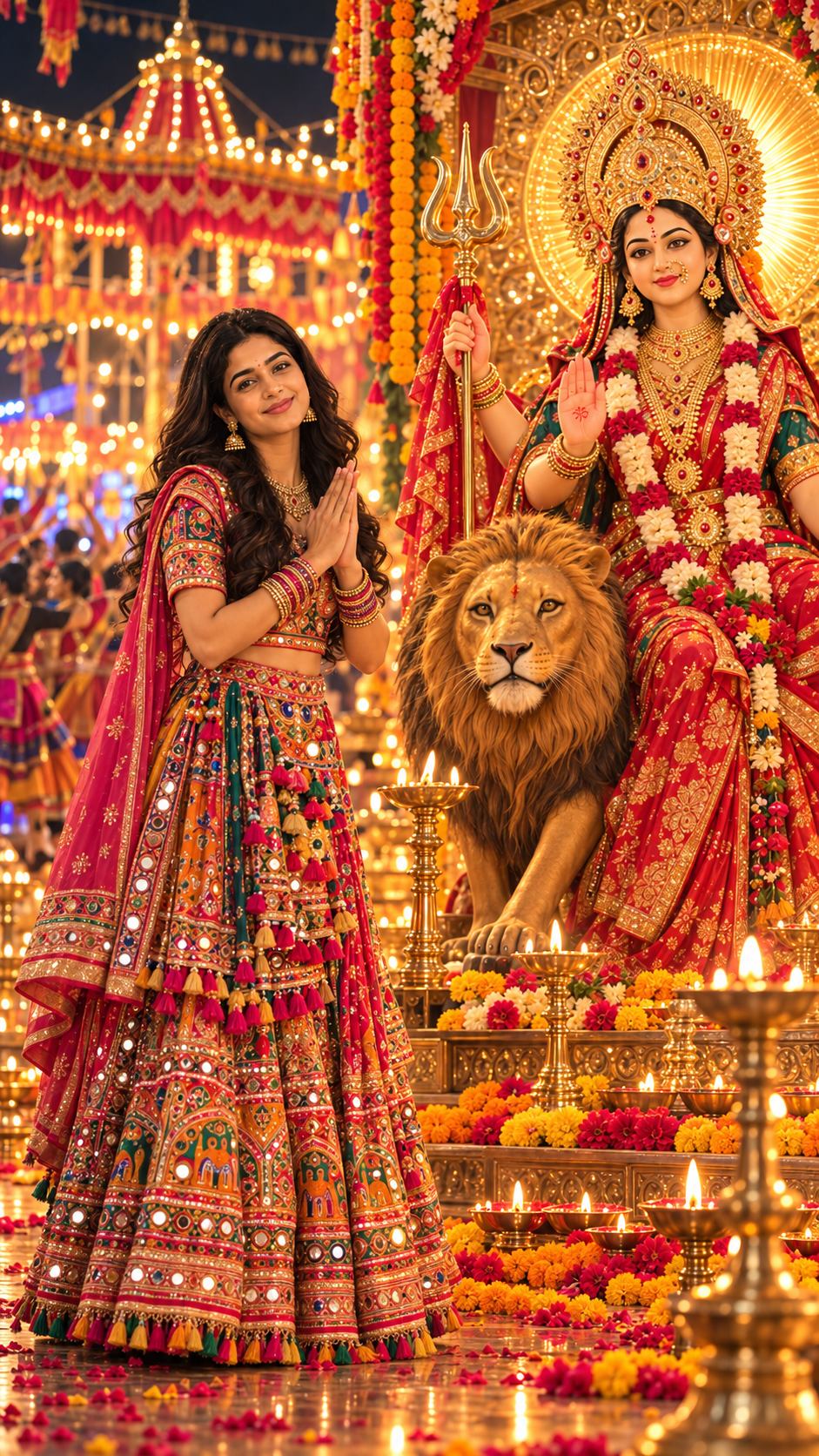 young Indian girl celebrating Navratri with Maa Ambe