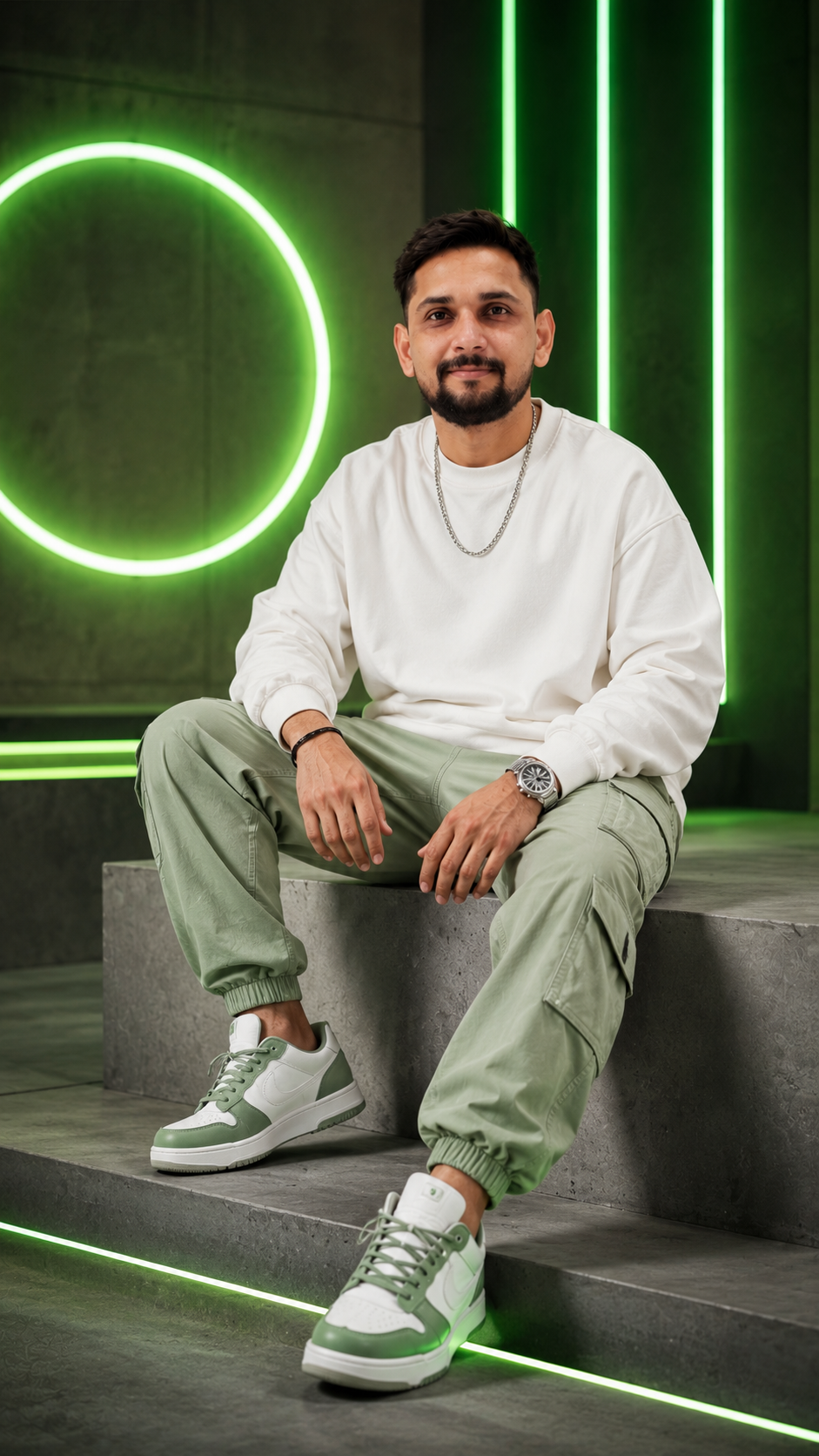 Futuristic neon portrait in industrial setting