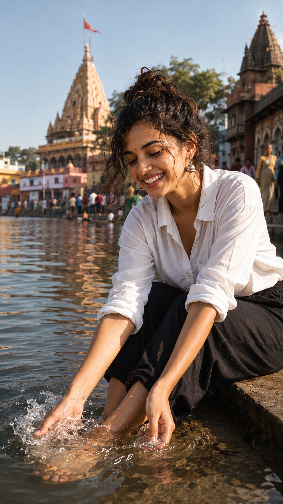 Sunlit ghat vibes by the river
