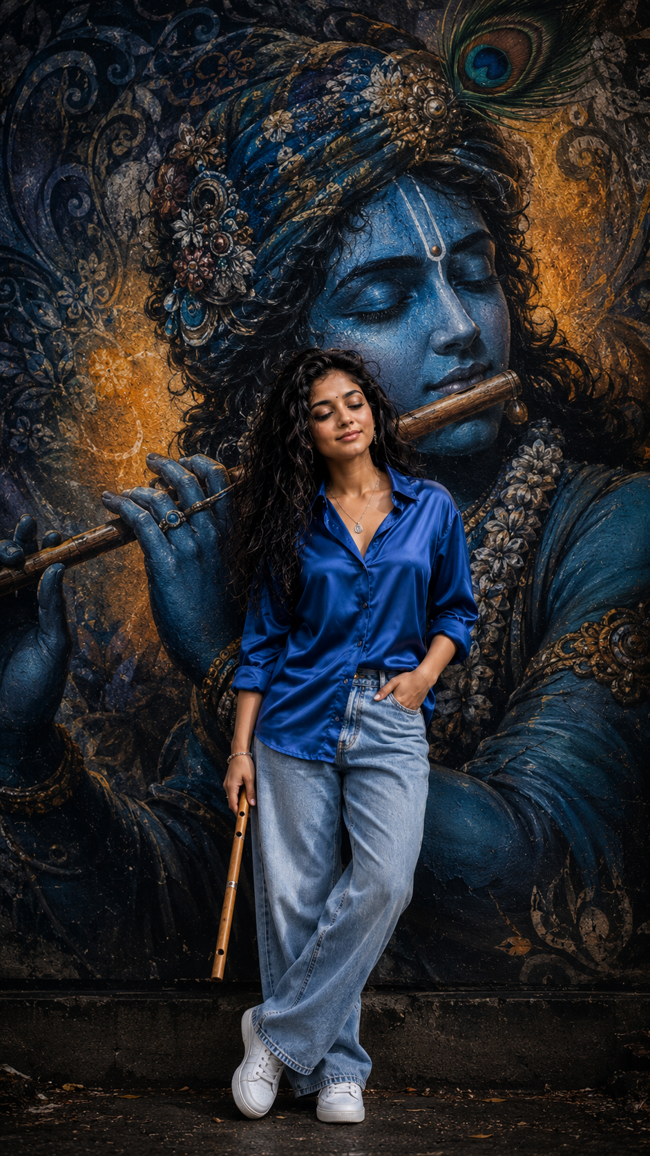 Serene portrait with a divine mural