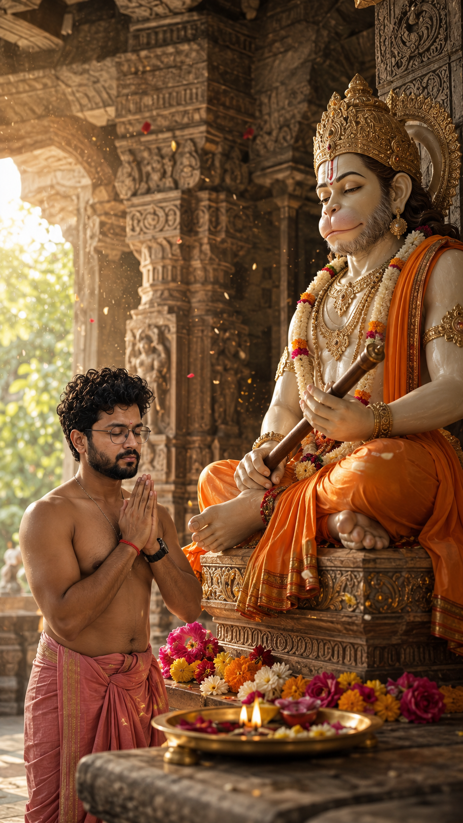 Devotee in prayer at temple altar