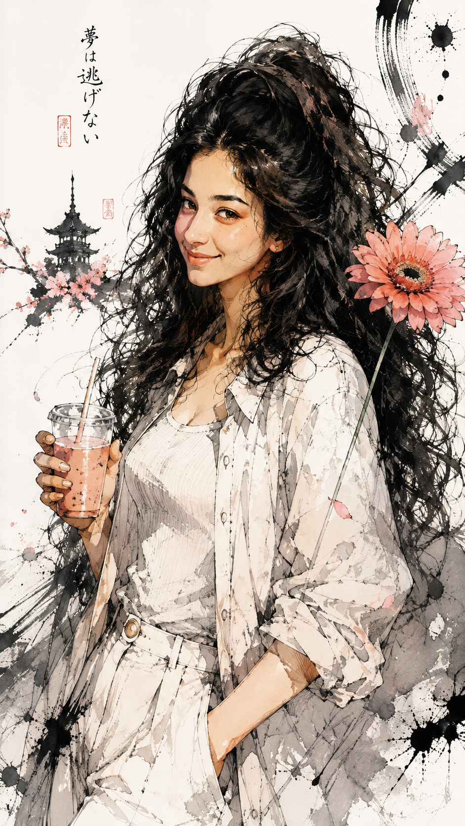 Ink-Wash Dreamer with Pink Blossom Drink
