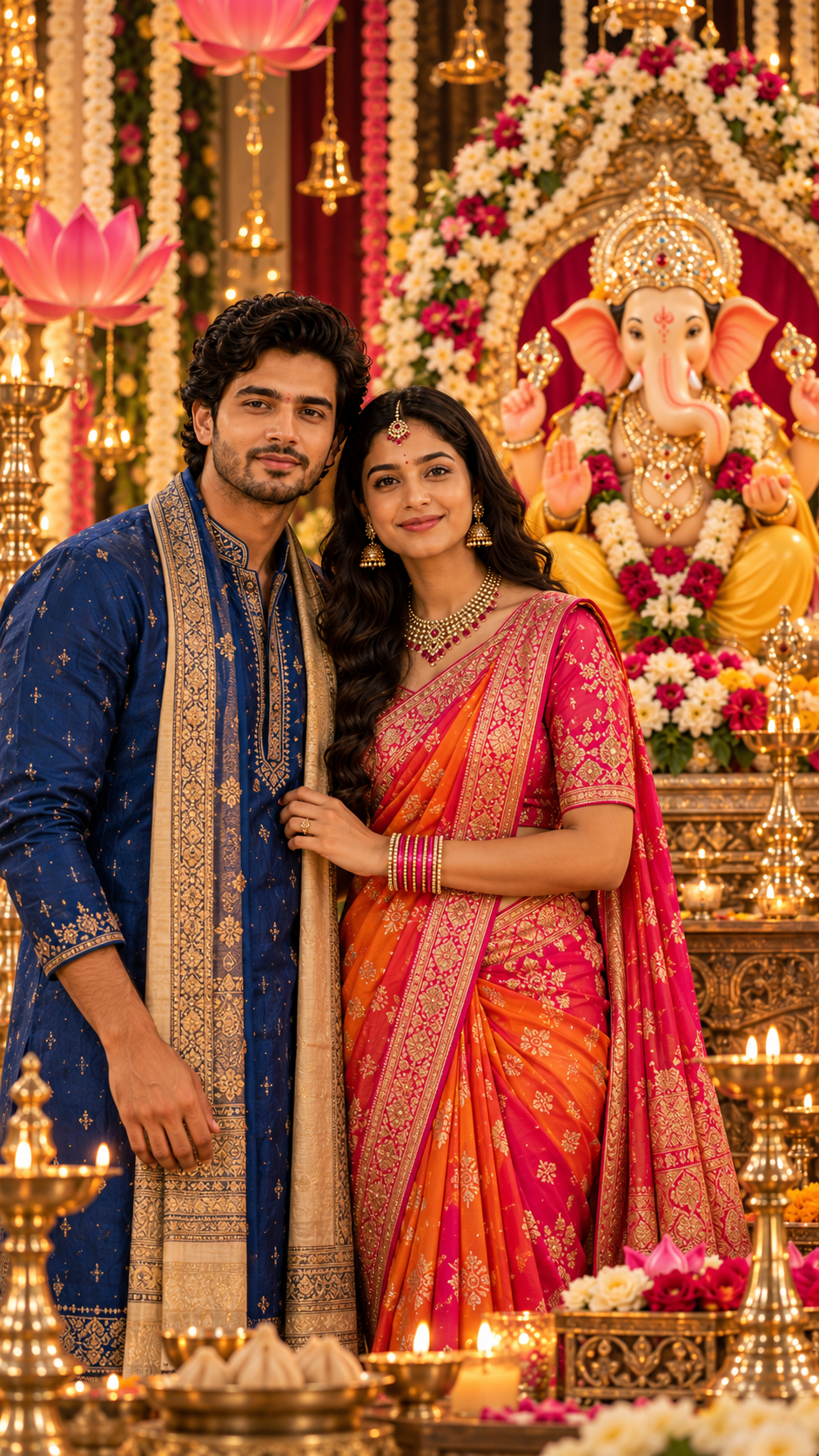 Festive Couple Before Lord Ganesha