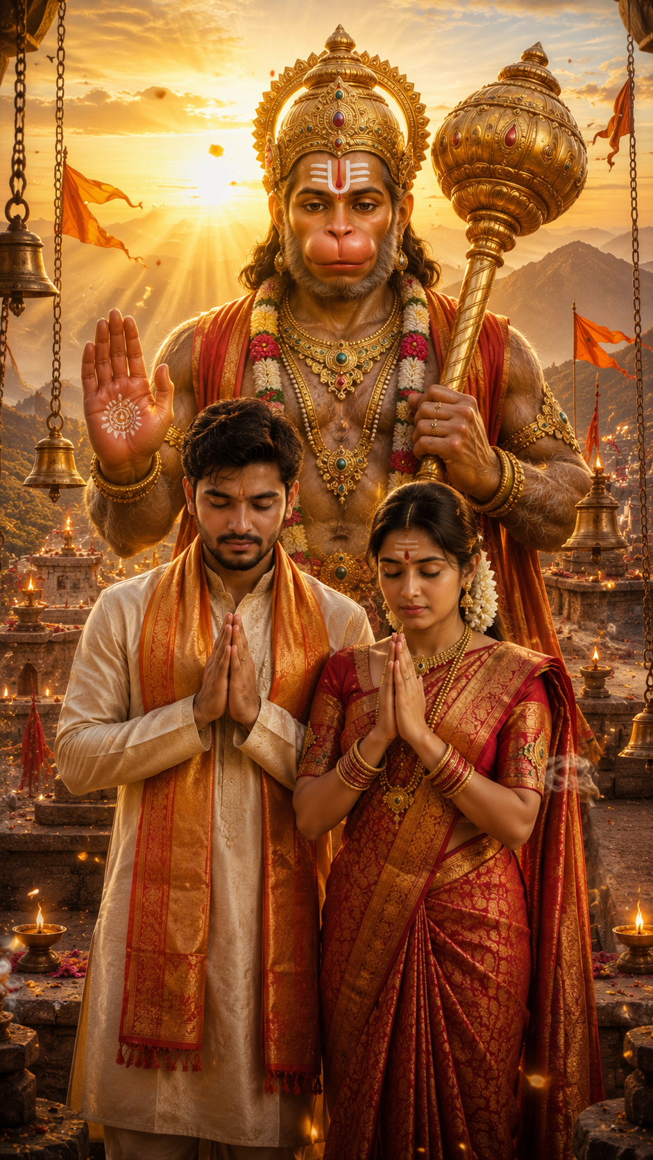 Divine blessing at sunset in temple