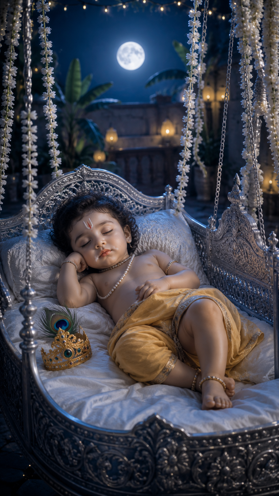 Moonlit Baby Krishna in Ornate Cradle
