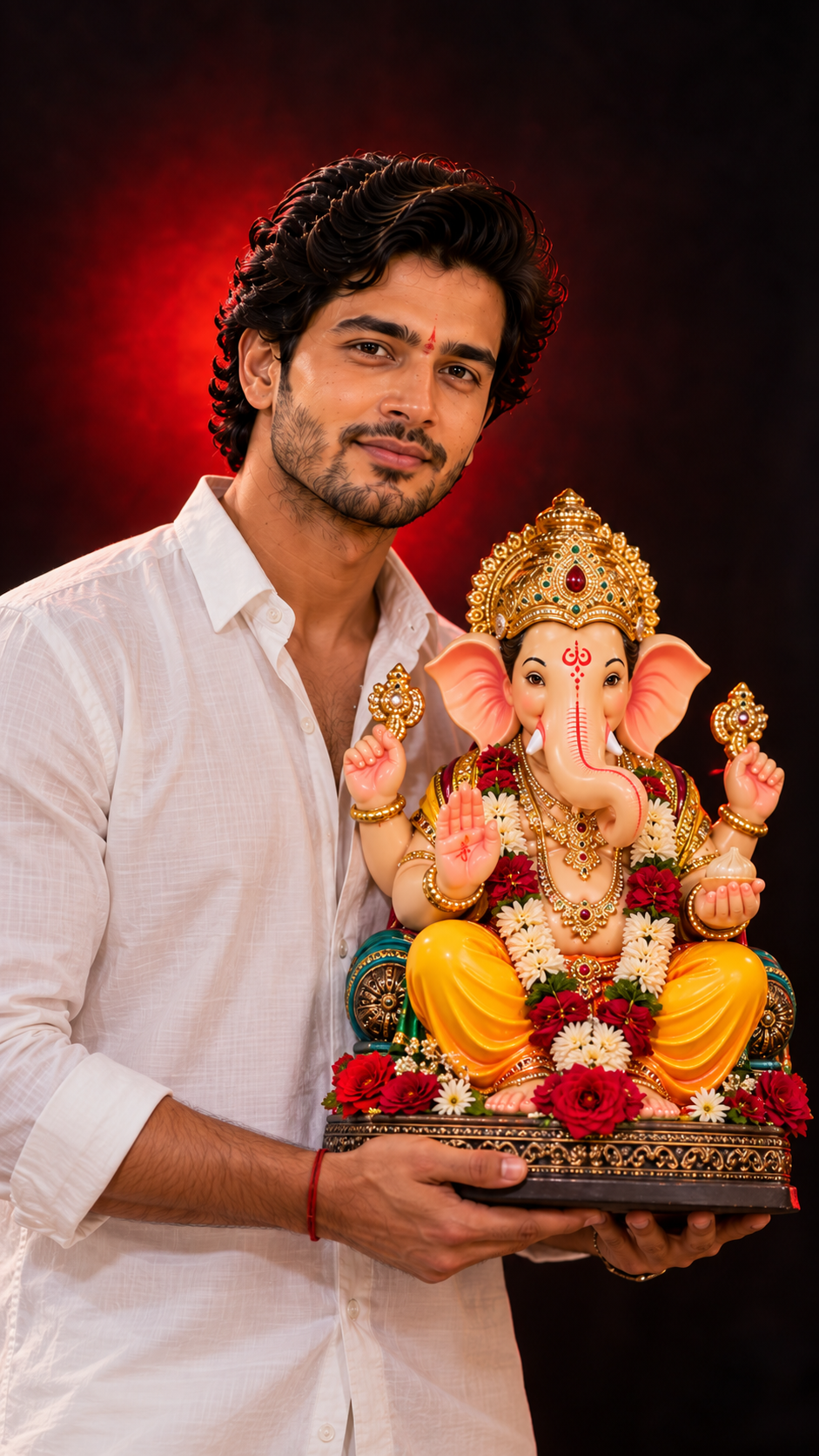 Devotee Holding a Vibrant Ganesha Idol