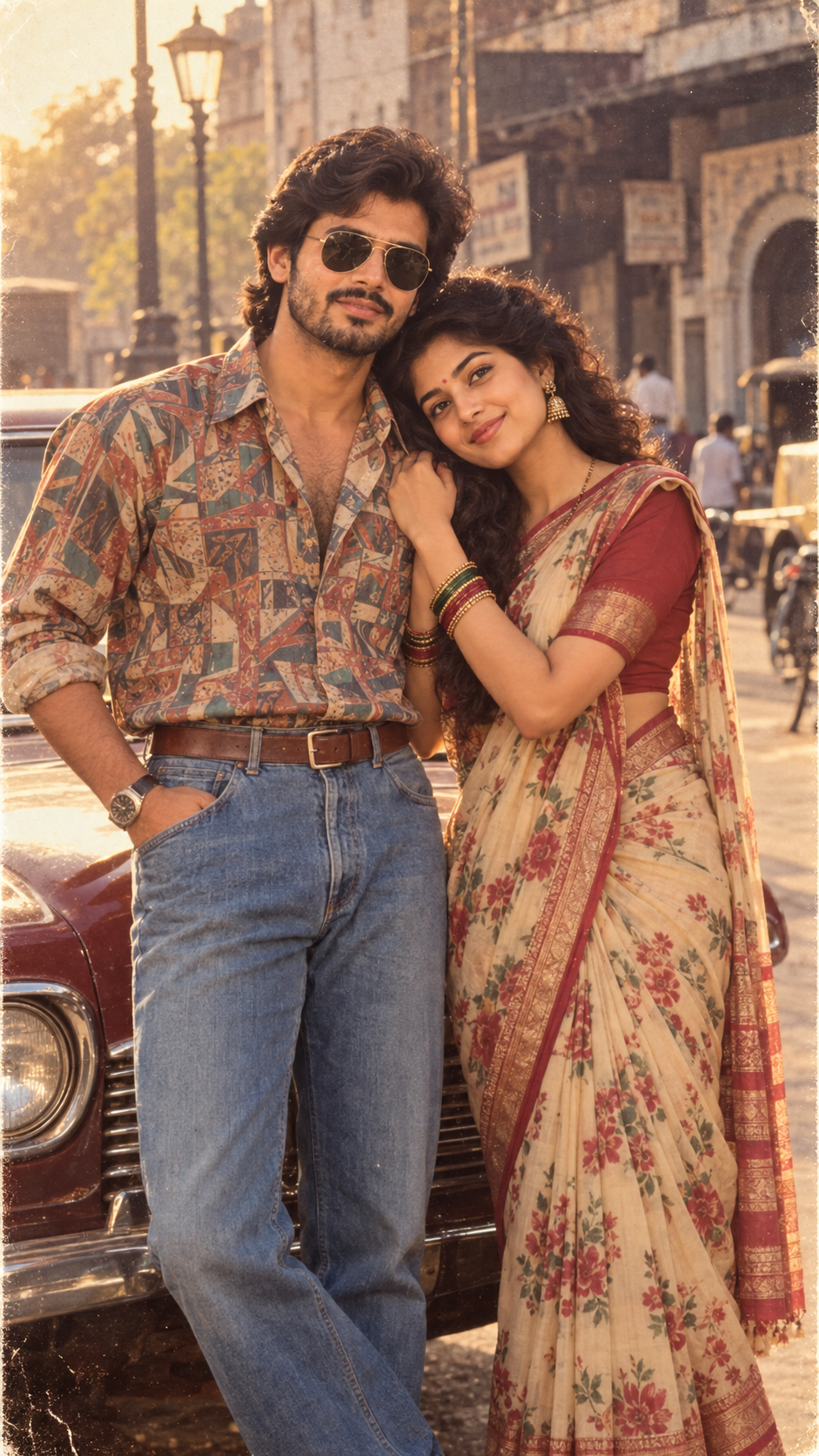 Retro Bollywood Couple by Vintage Car