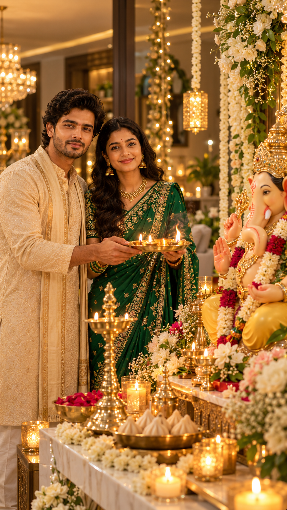 Couple Performing Aarti Before Ganesha