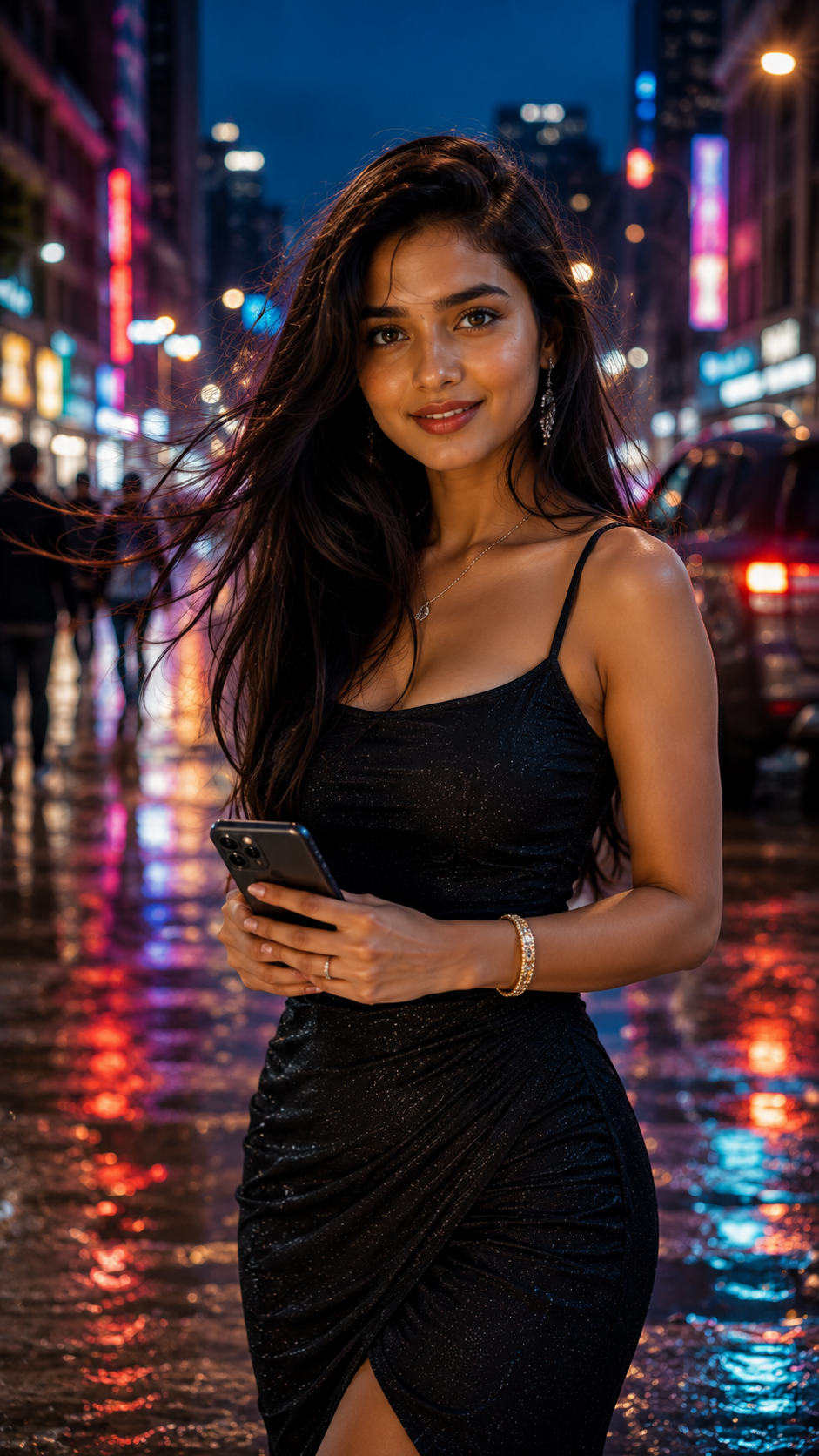 Neon-lit street elegance at night