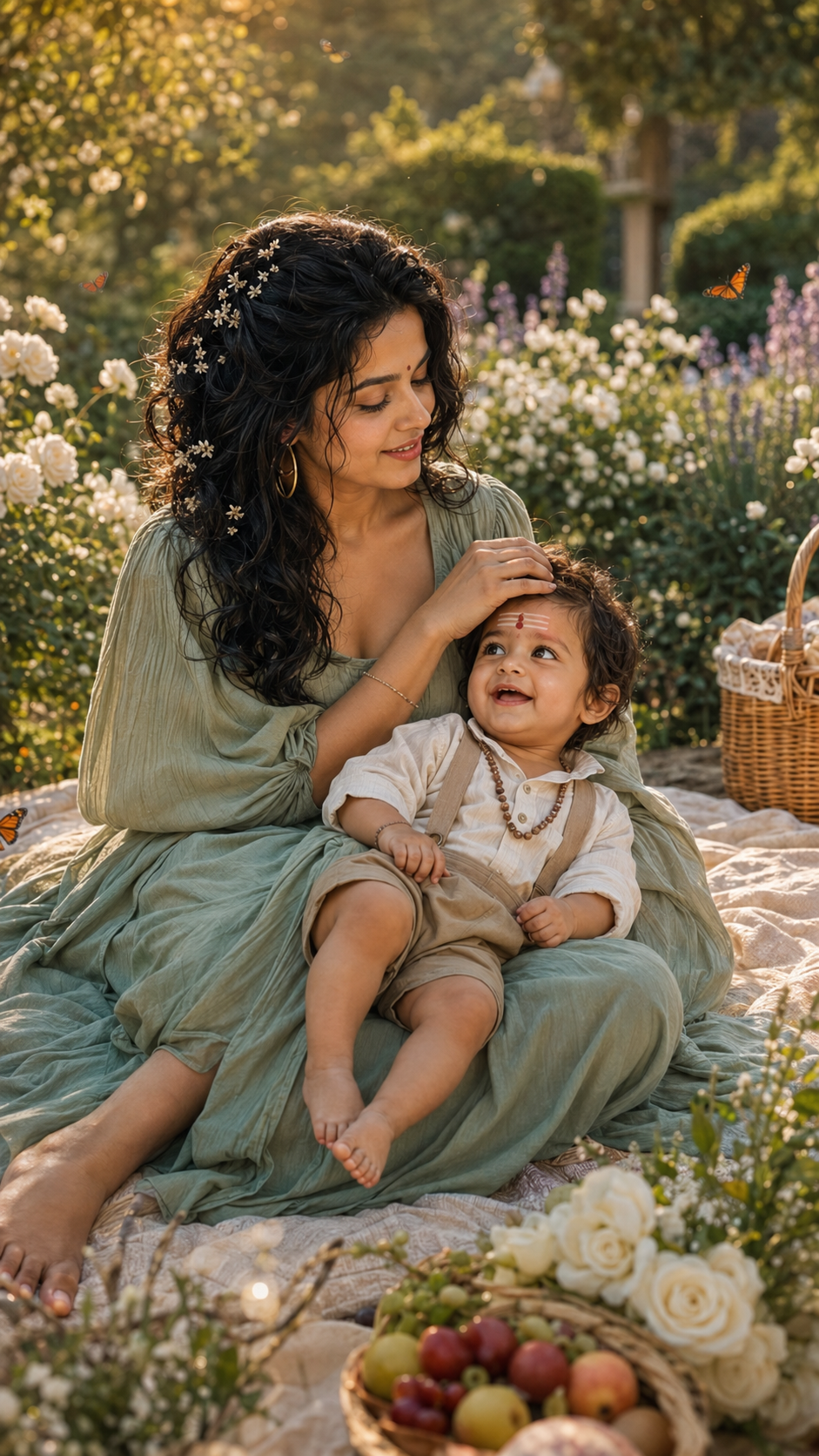 Golden-hour picnic in a garden