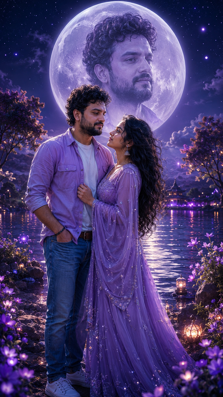 A romantic moonlit night by the lake