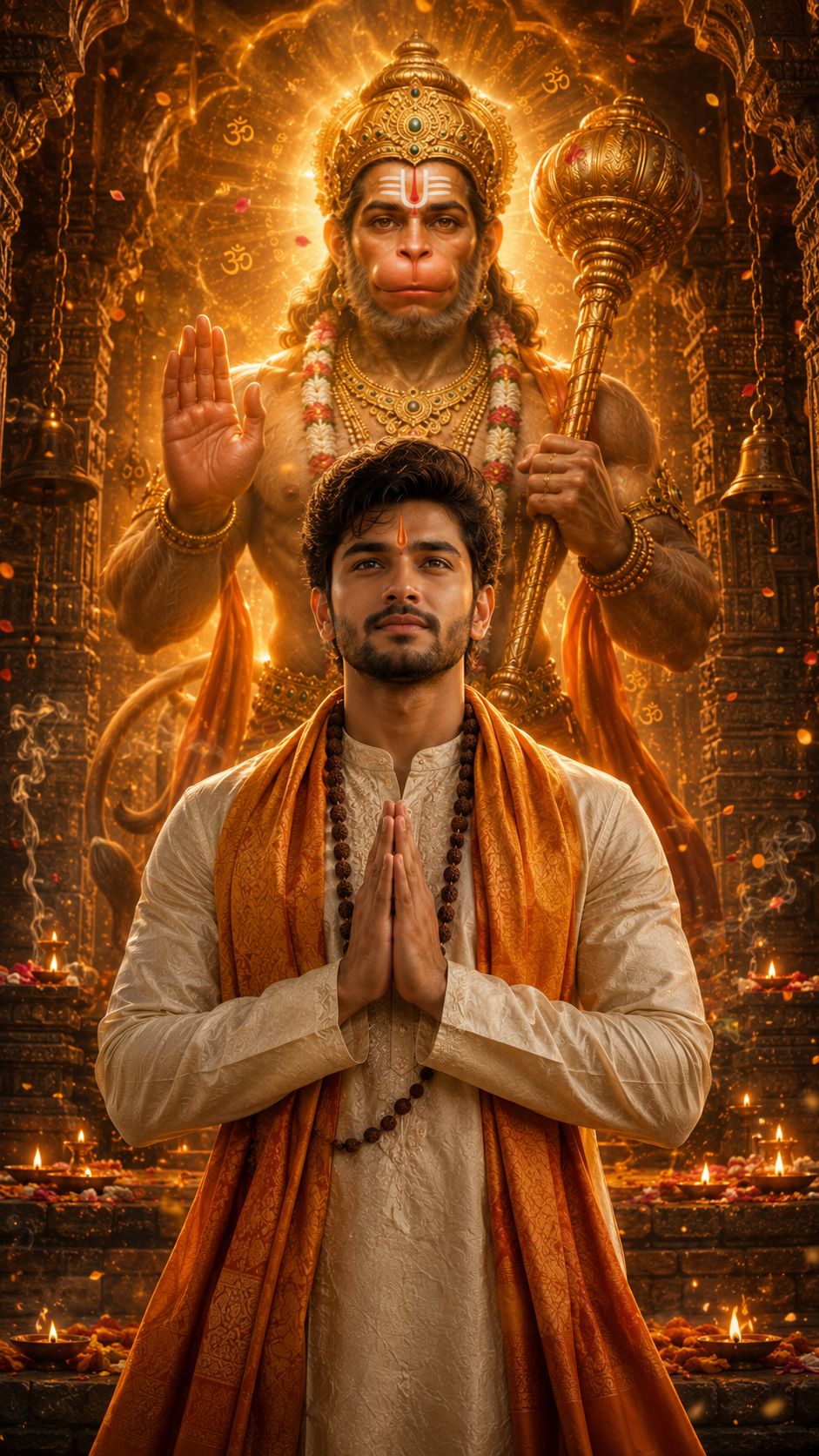 Devotional prayer before divine Hanuman