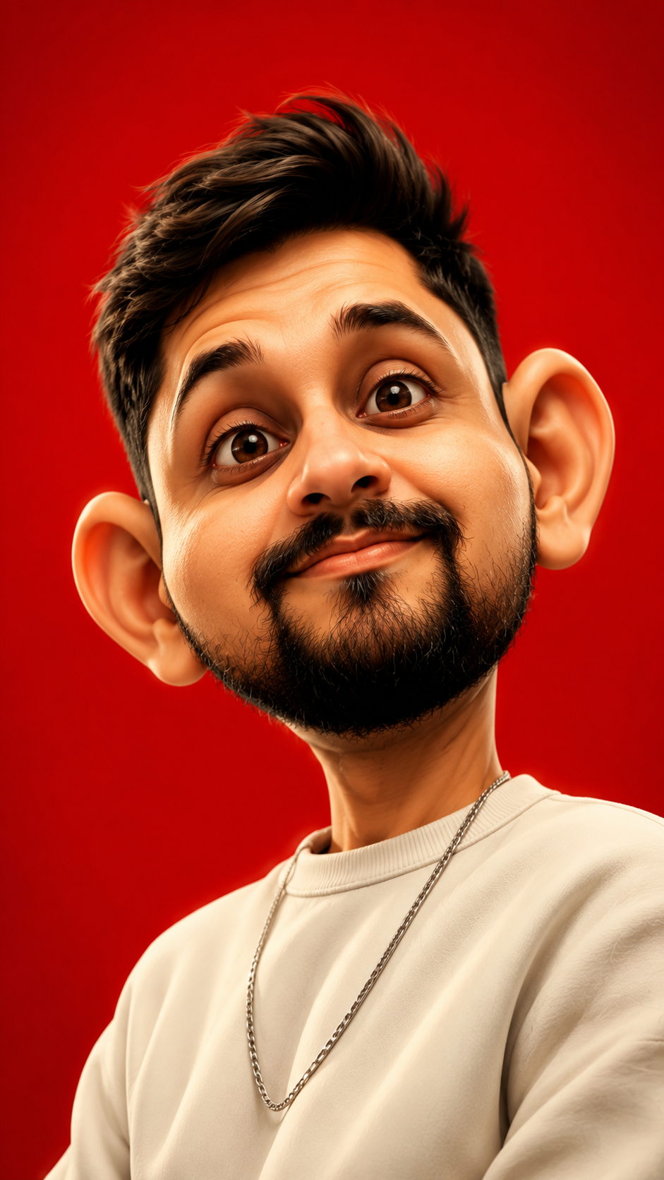 Playful caricature in bold red backdrop
