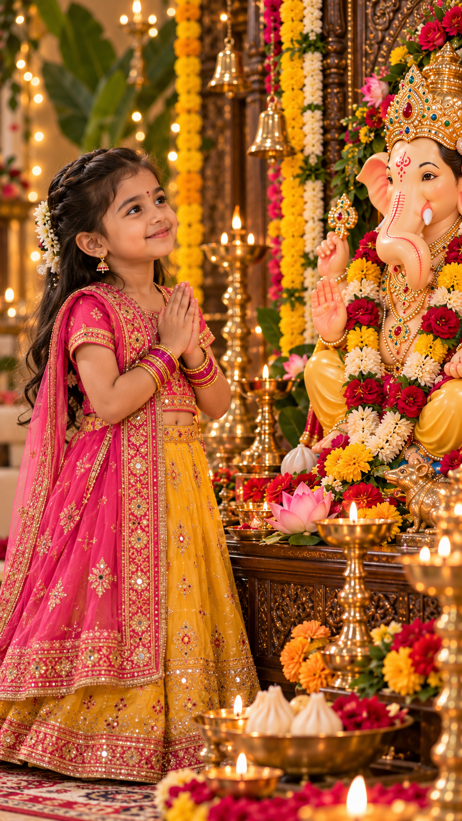Little Girl Praying Before Ganesha