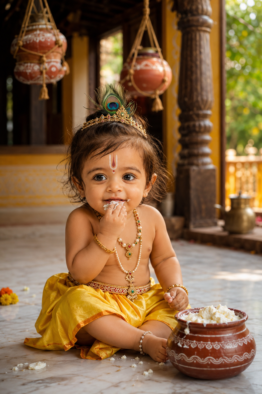 Baby Krishna in a rustic temple setting
