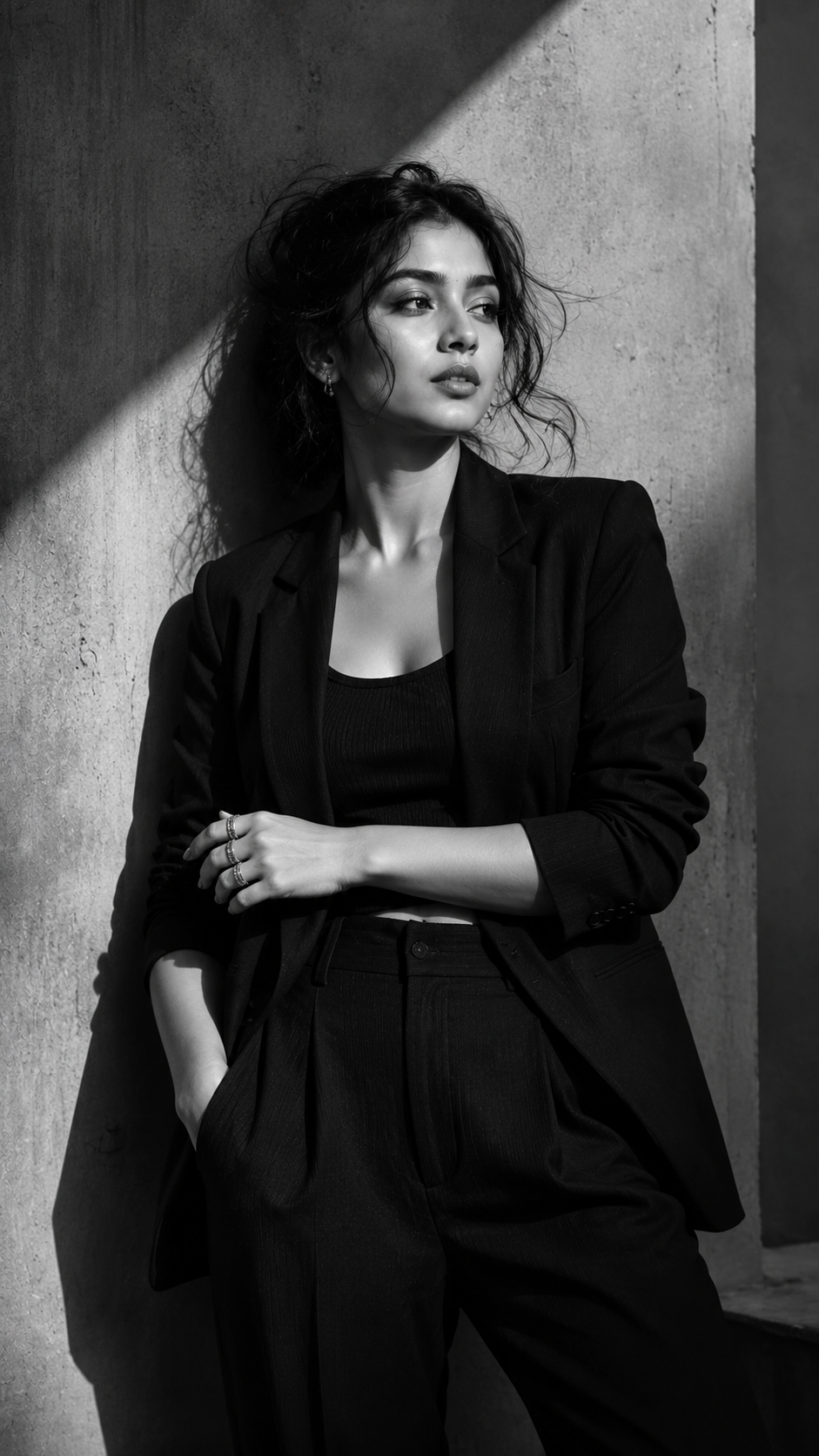 Cinematic monochrome fashion portrait