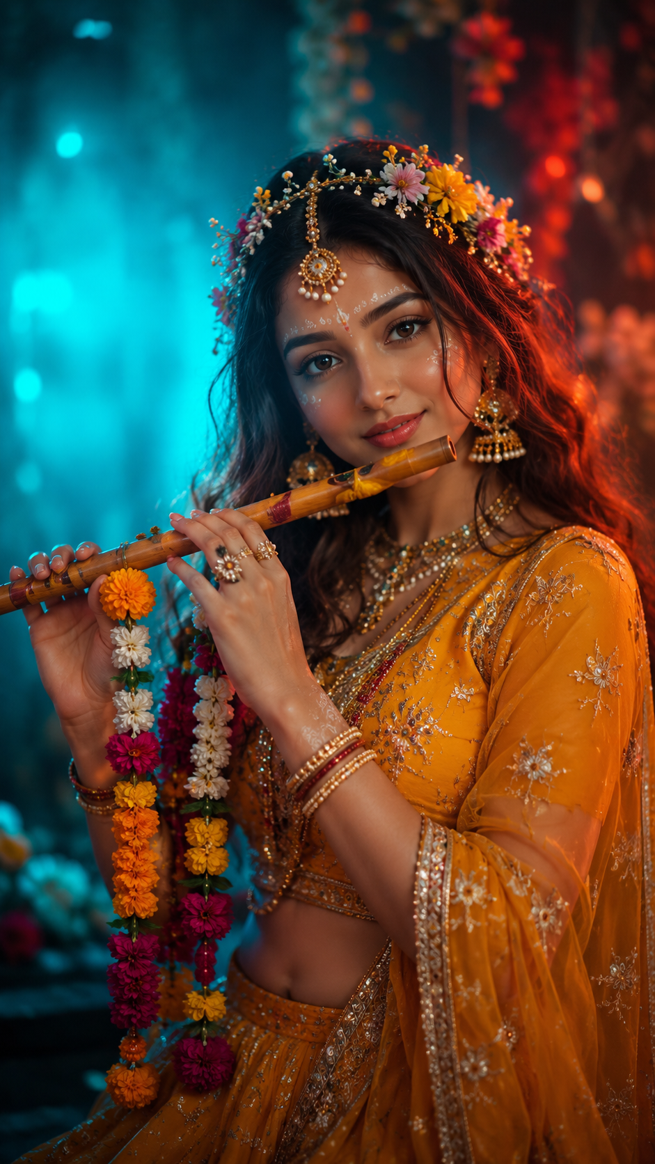 Serene Radha Flute Maiden in Golden