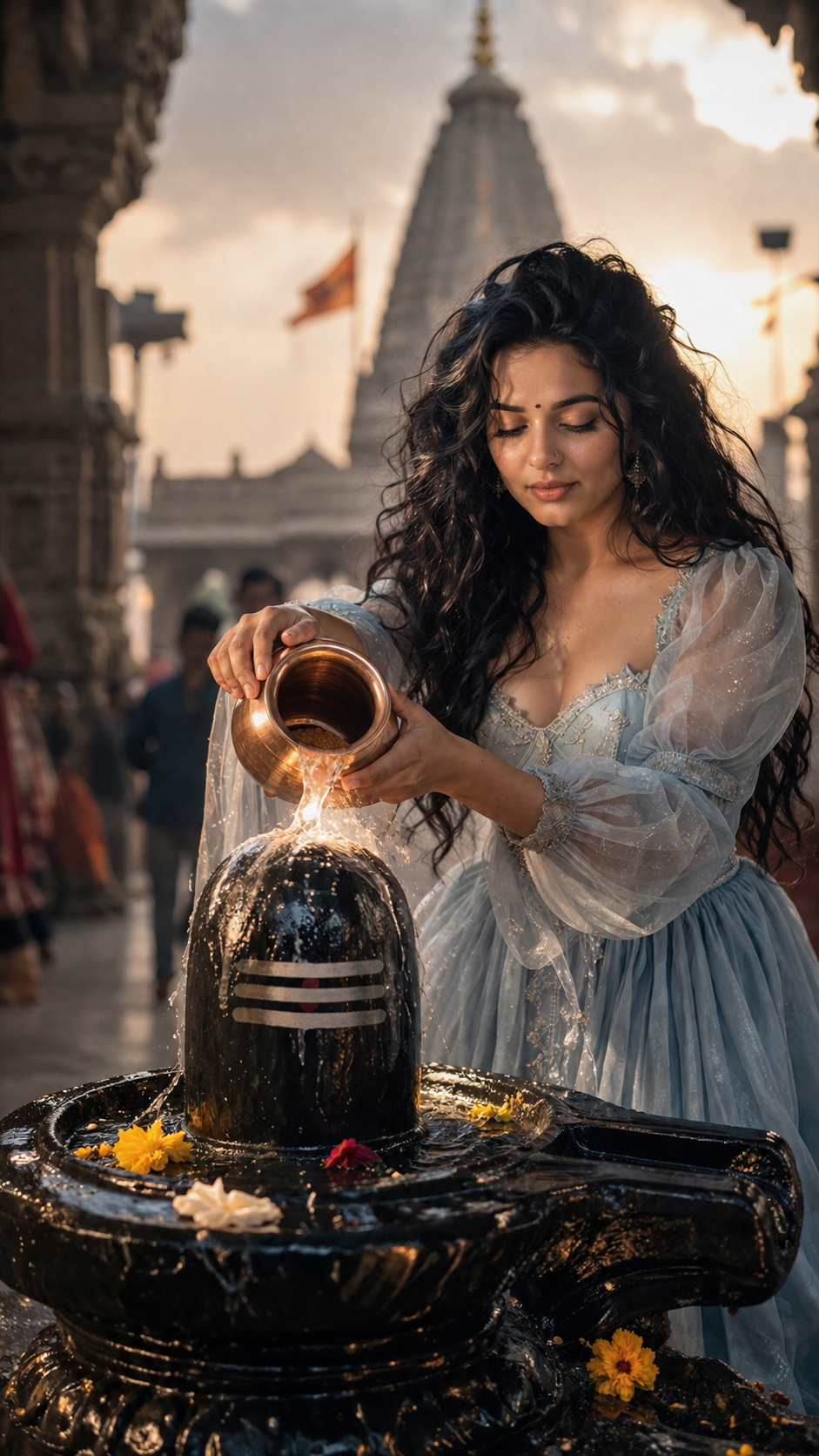 Serene ritual at temple sunset