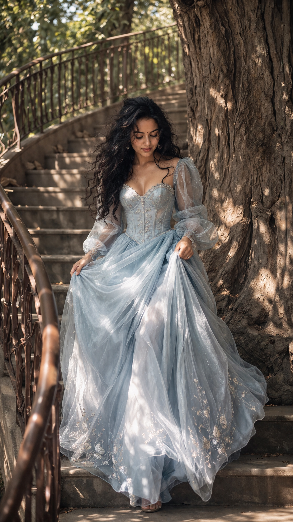 Fairy-tale descent in sunlit garden