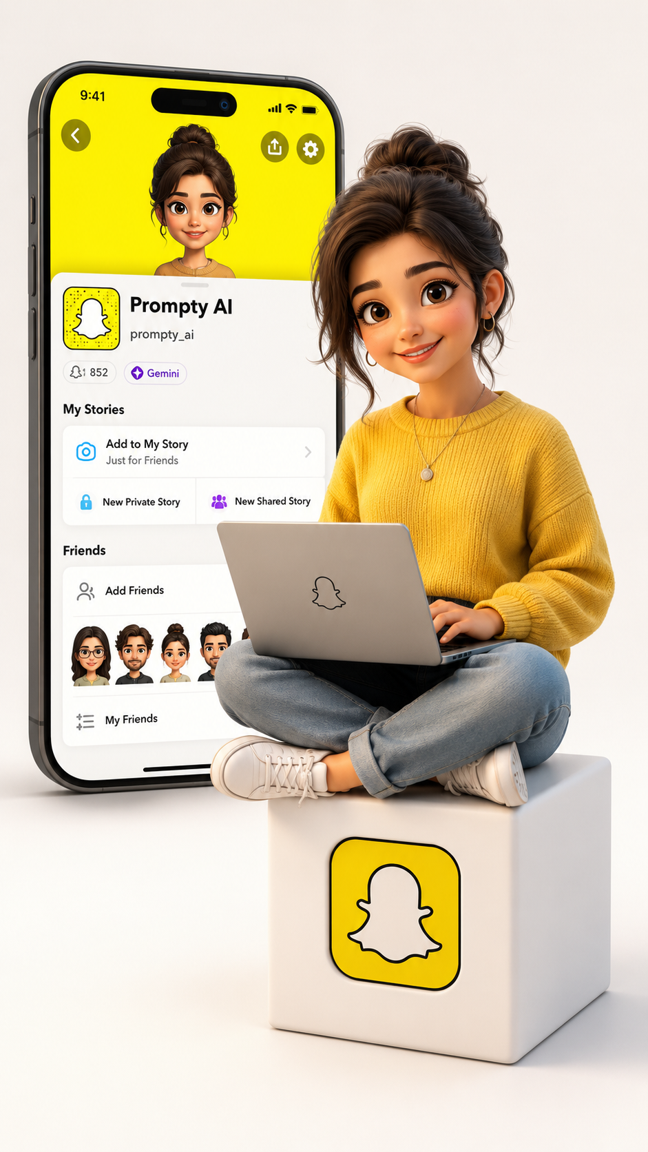 Cheerful woman in Snapchat-themed scene