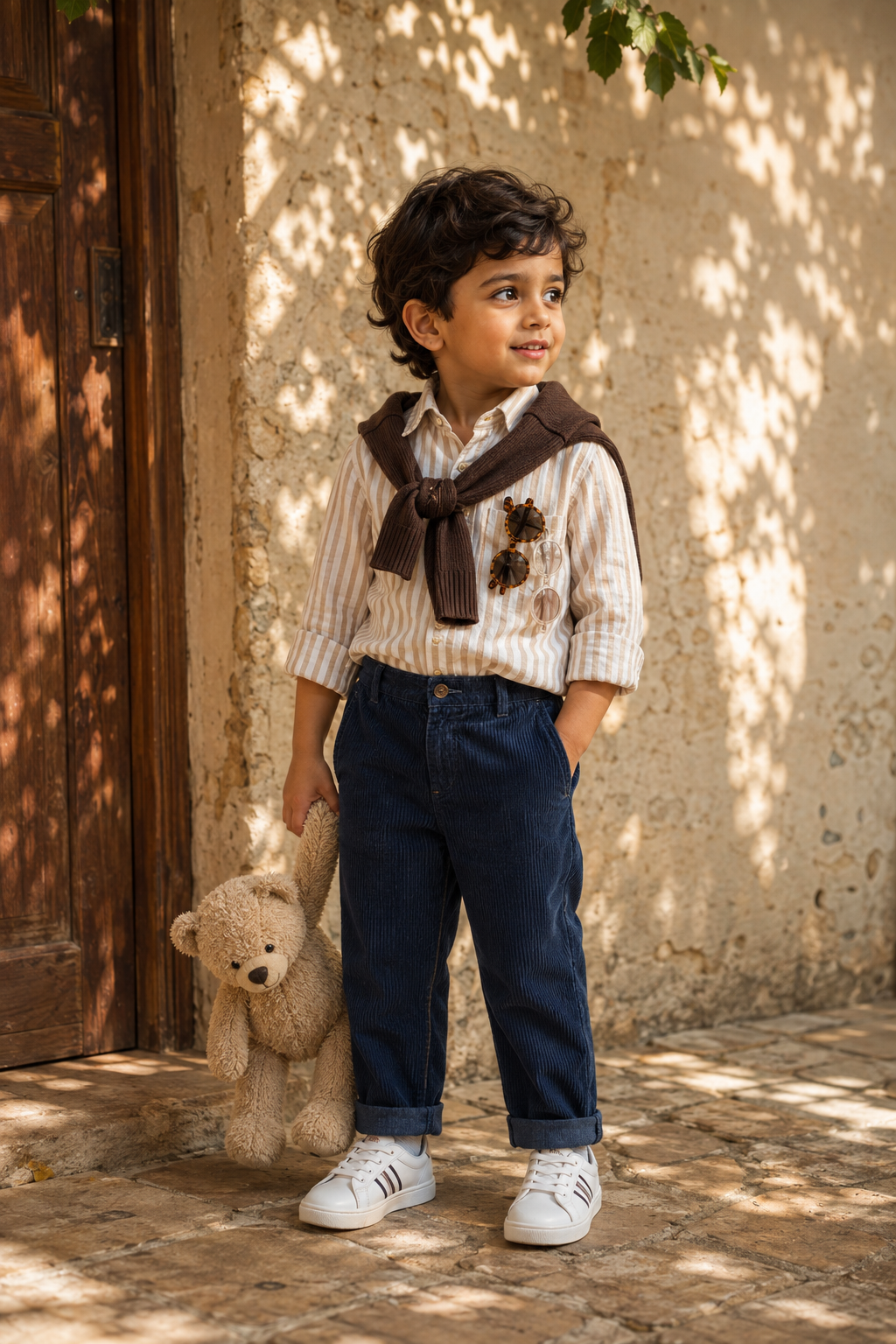 Sunlit Vintage Boy with Teddy Bear