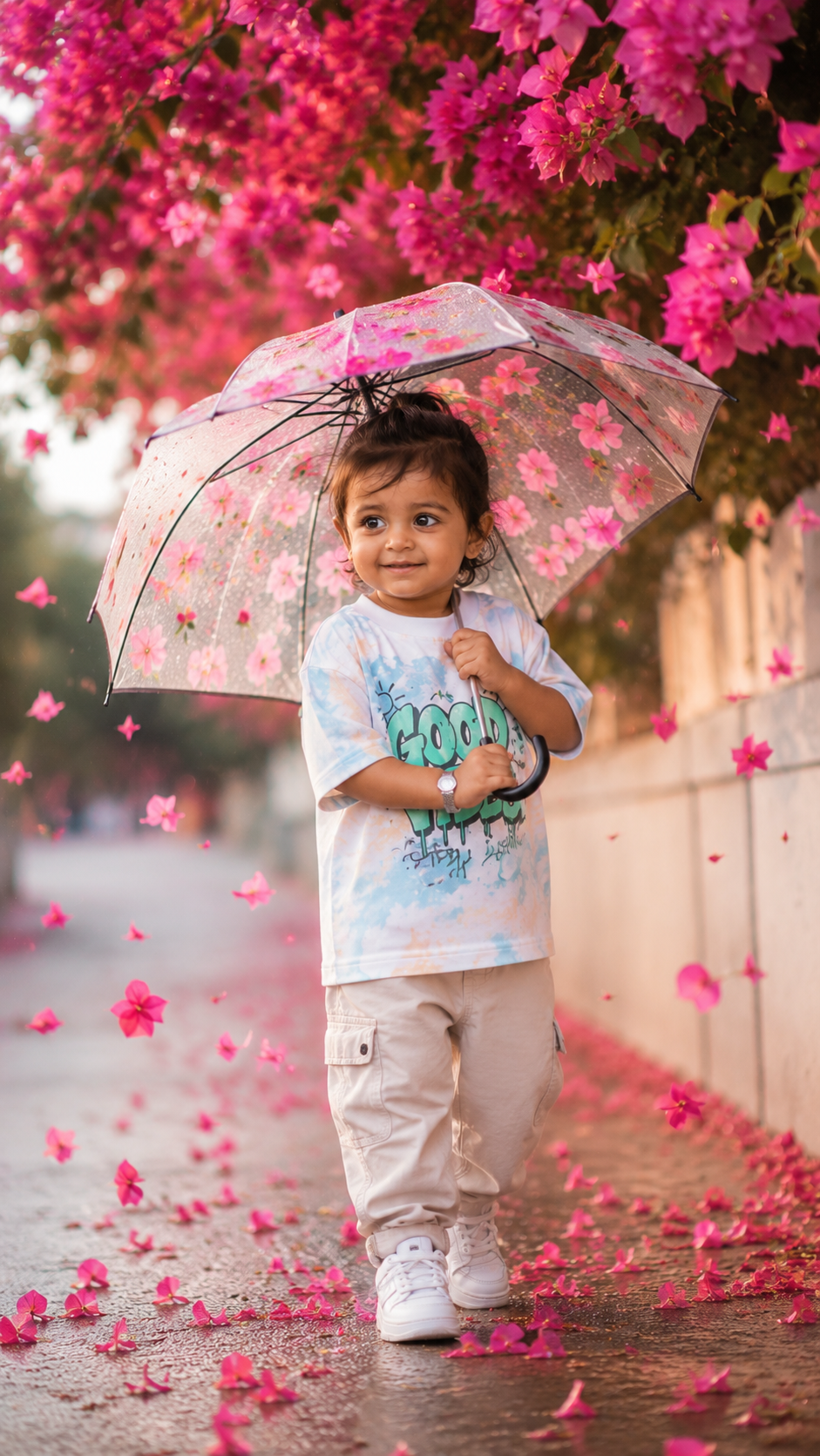 Child under a flower-filled umbrella