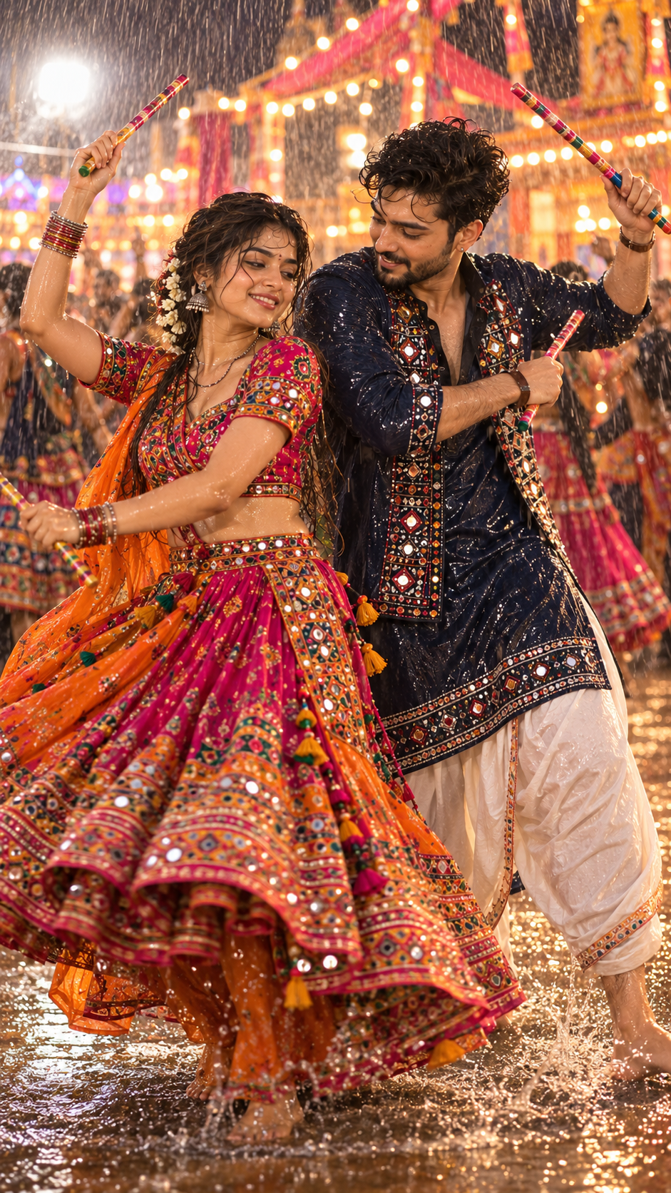 Indian couple joyfully playing Garba
