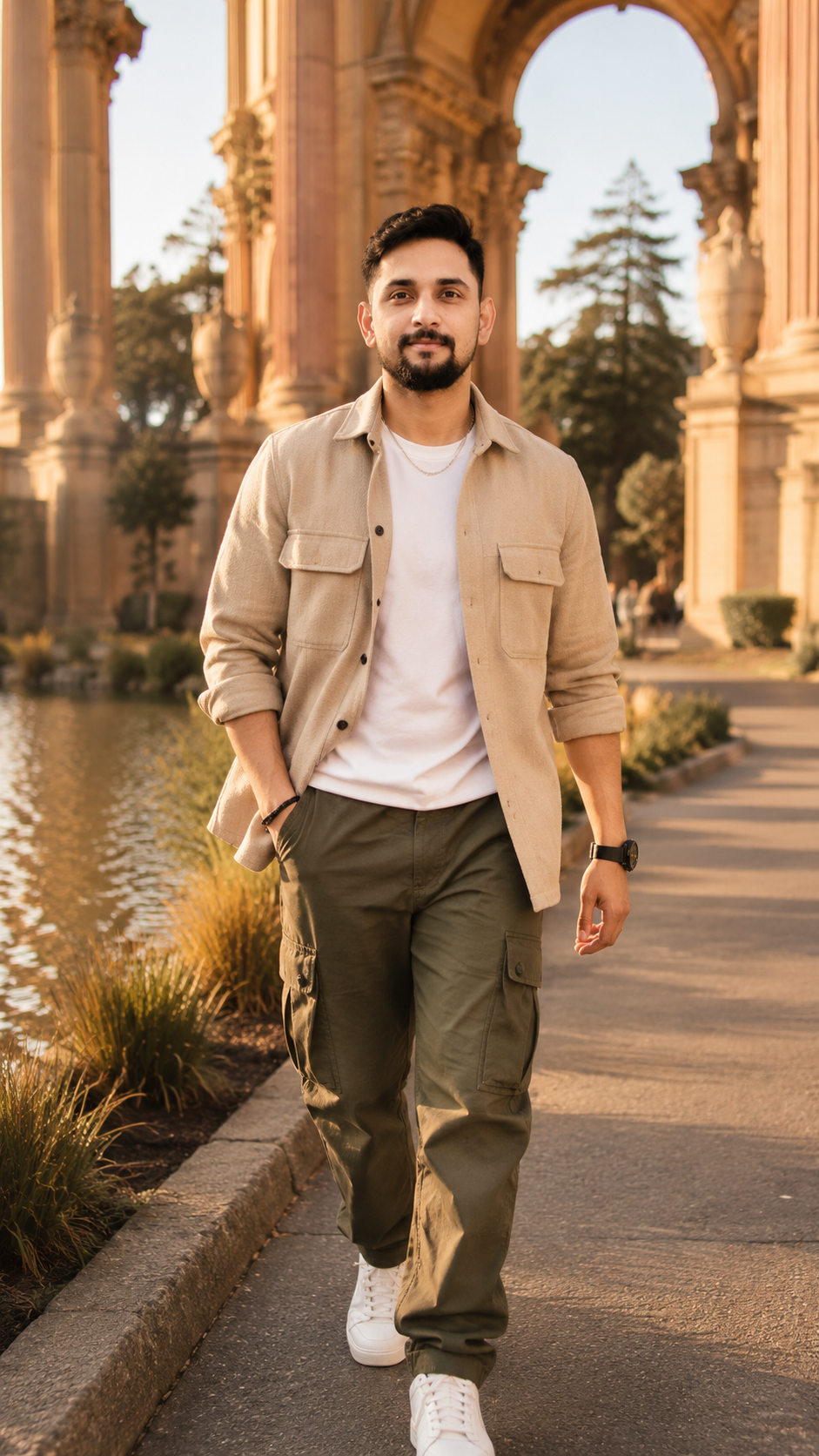 Golden-hour stroll at grand architecture