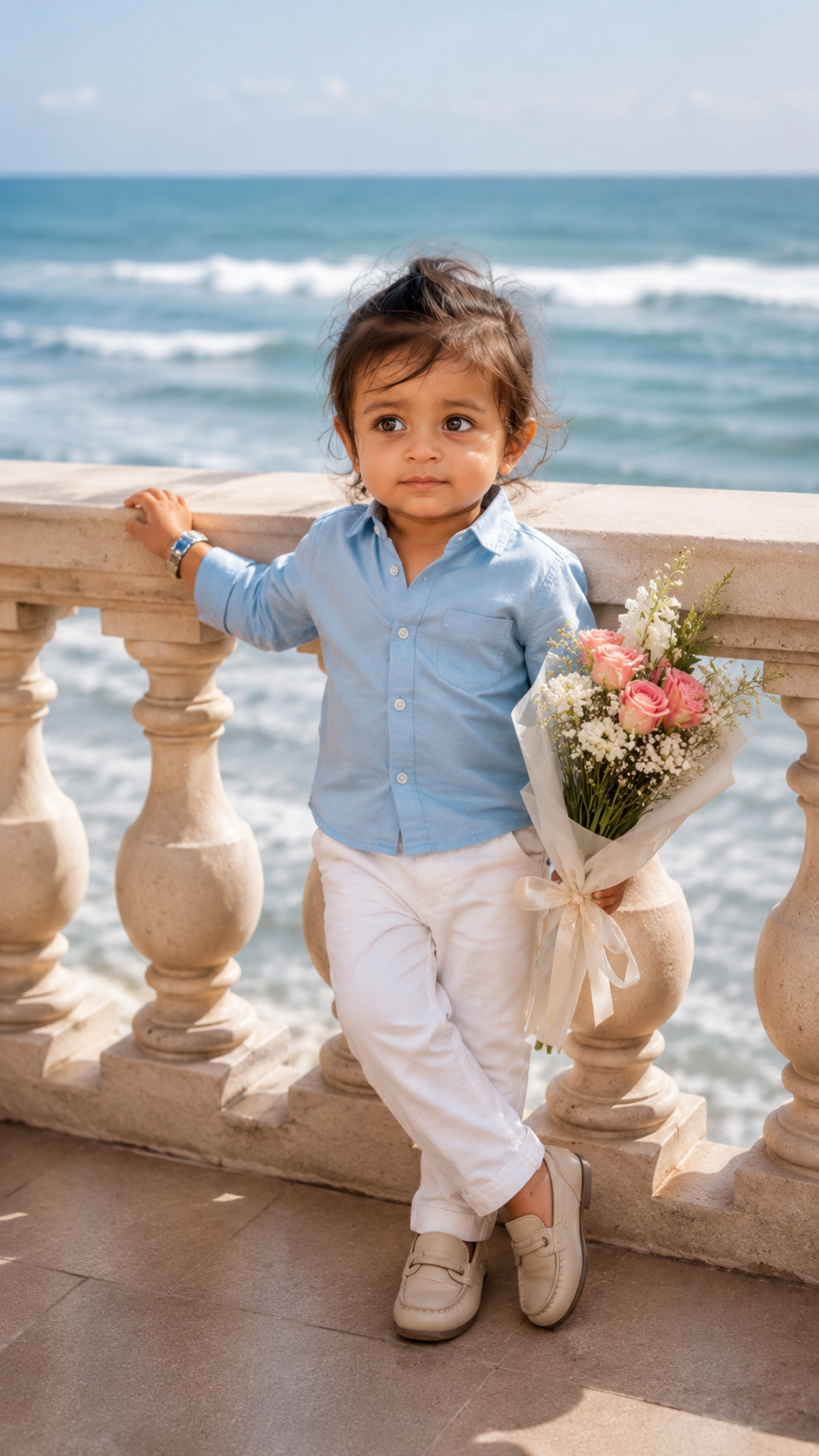 Seaside portrait with bouquet at sunset