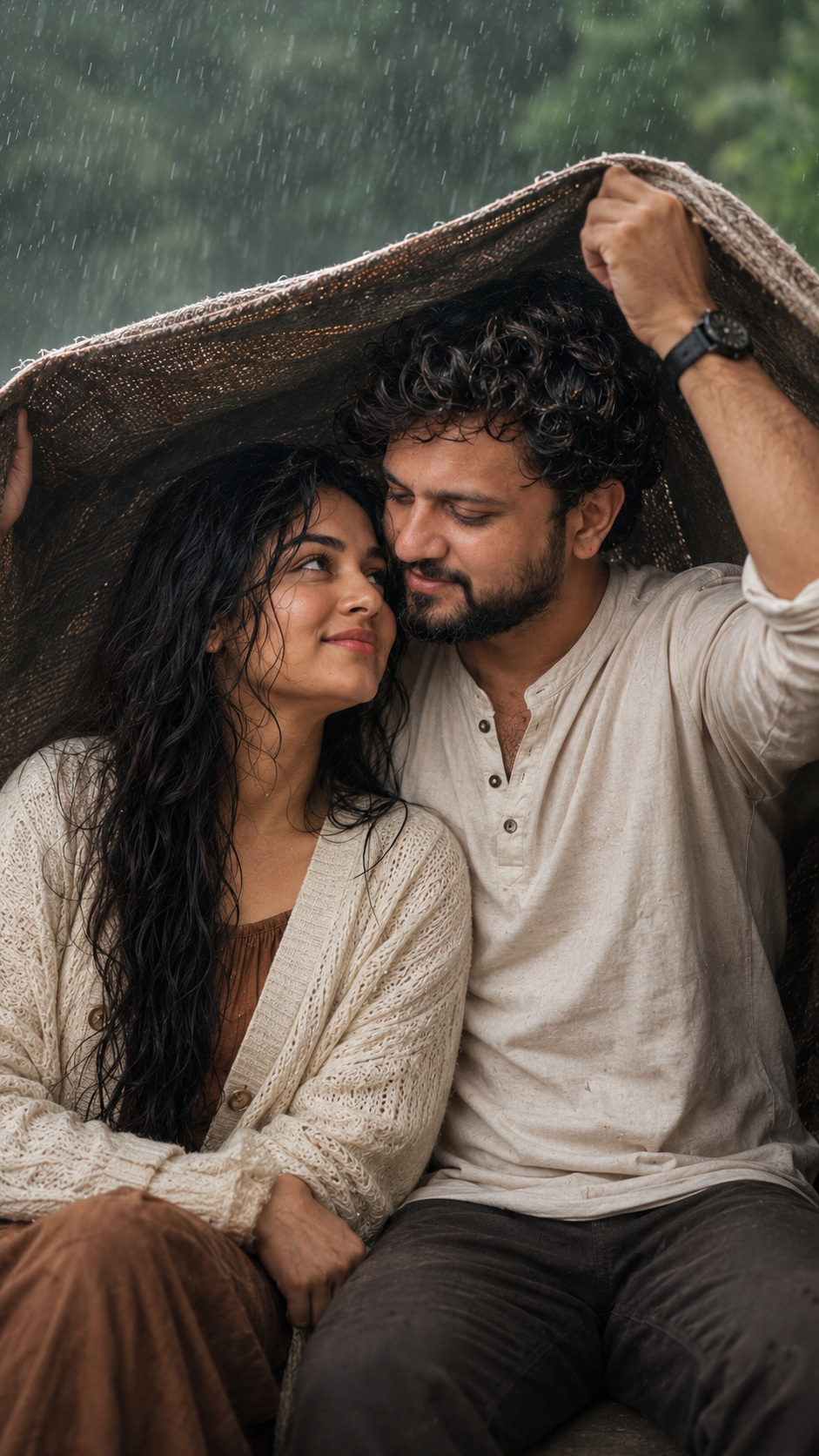 Intimate moment under a rainy canopy