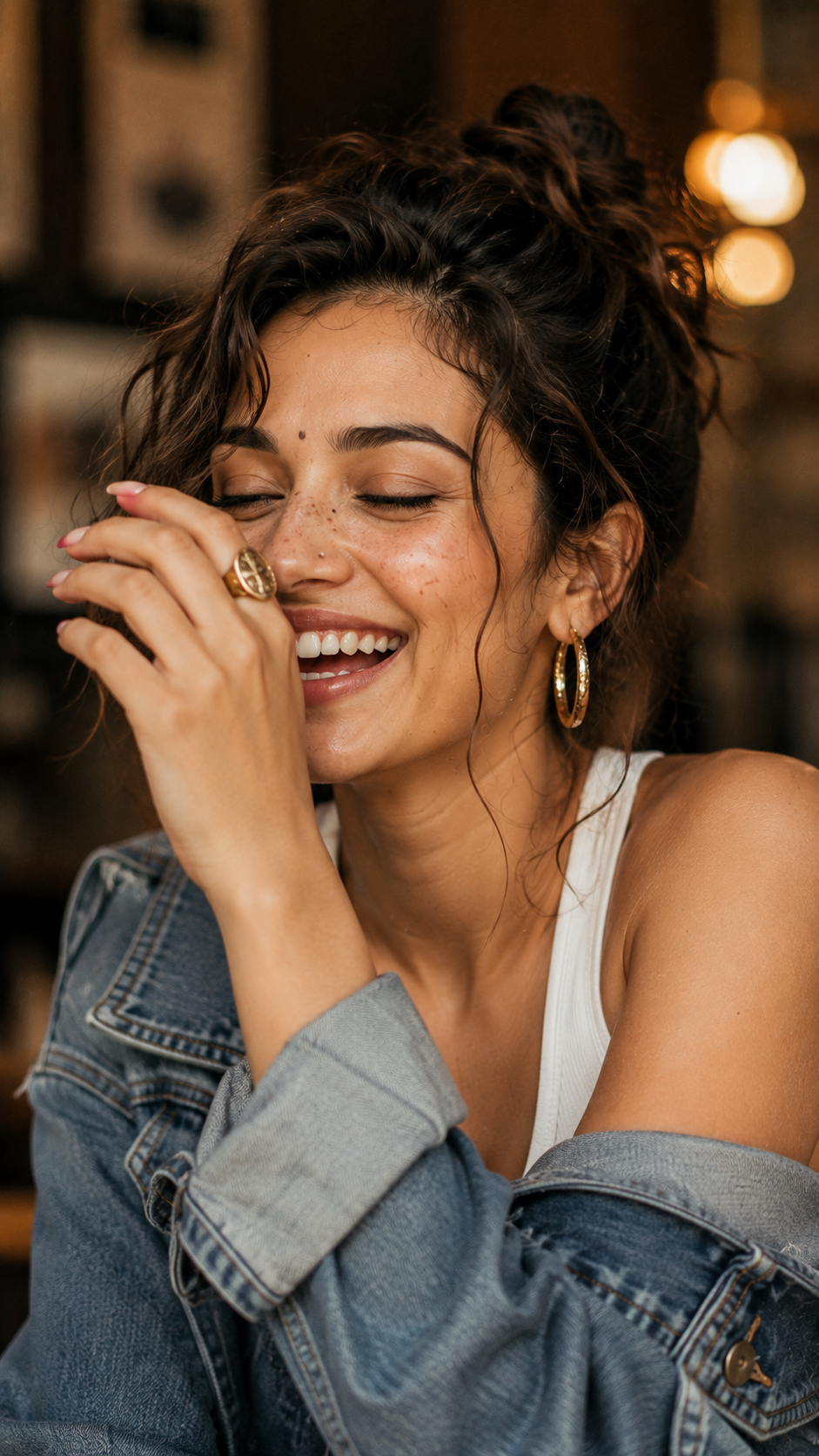 Joyful laughter in warm light