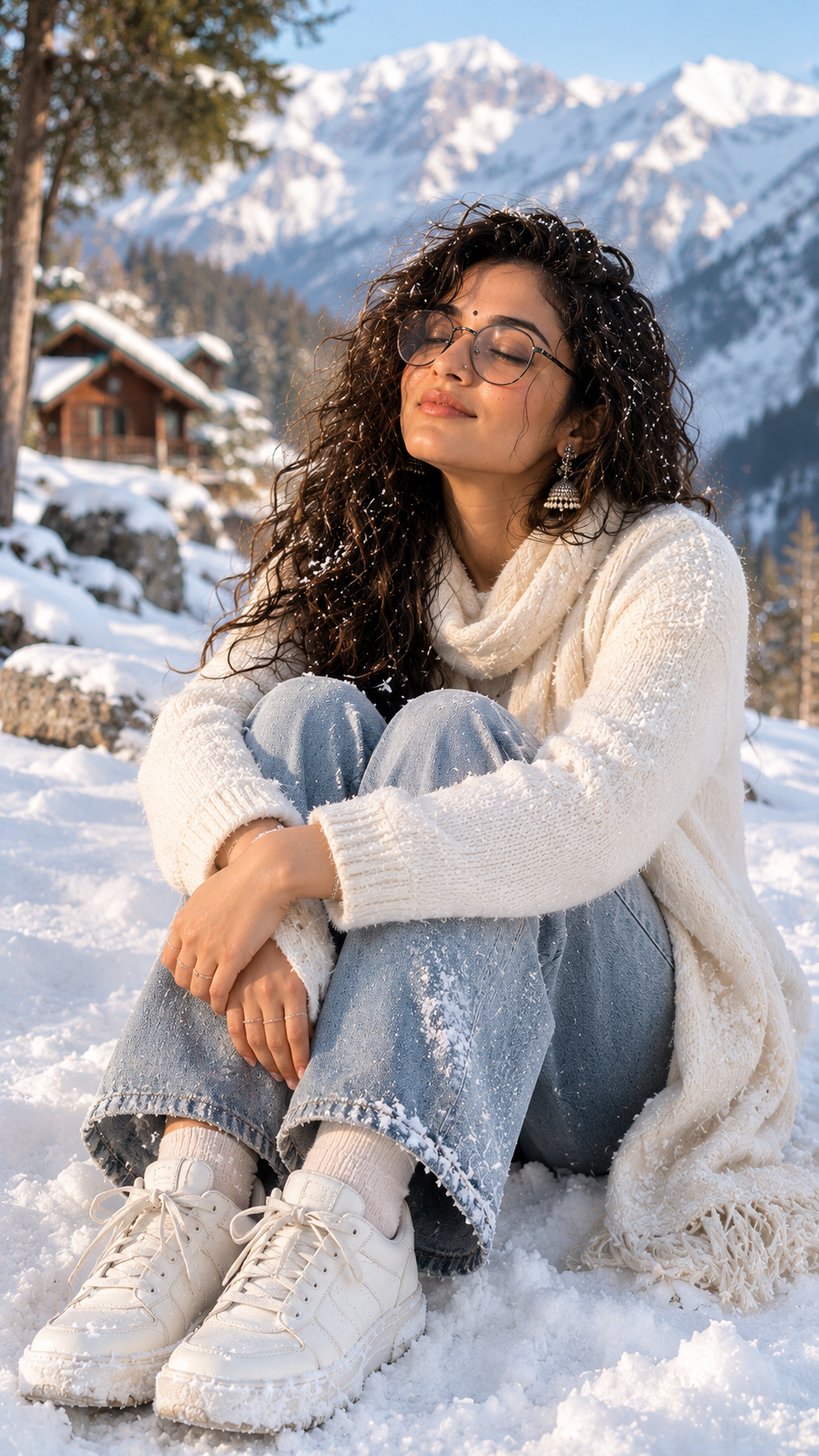 Serene winter sunbathing in the mountains
