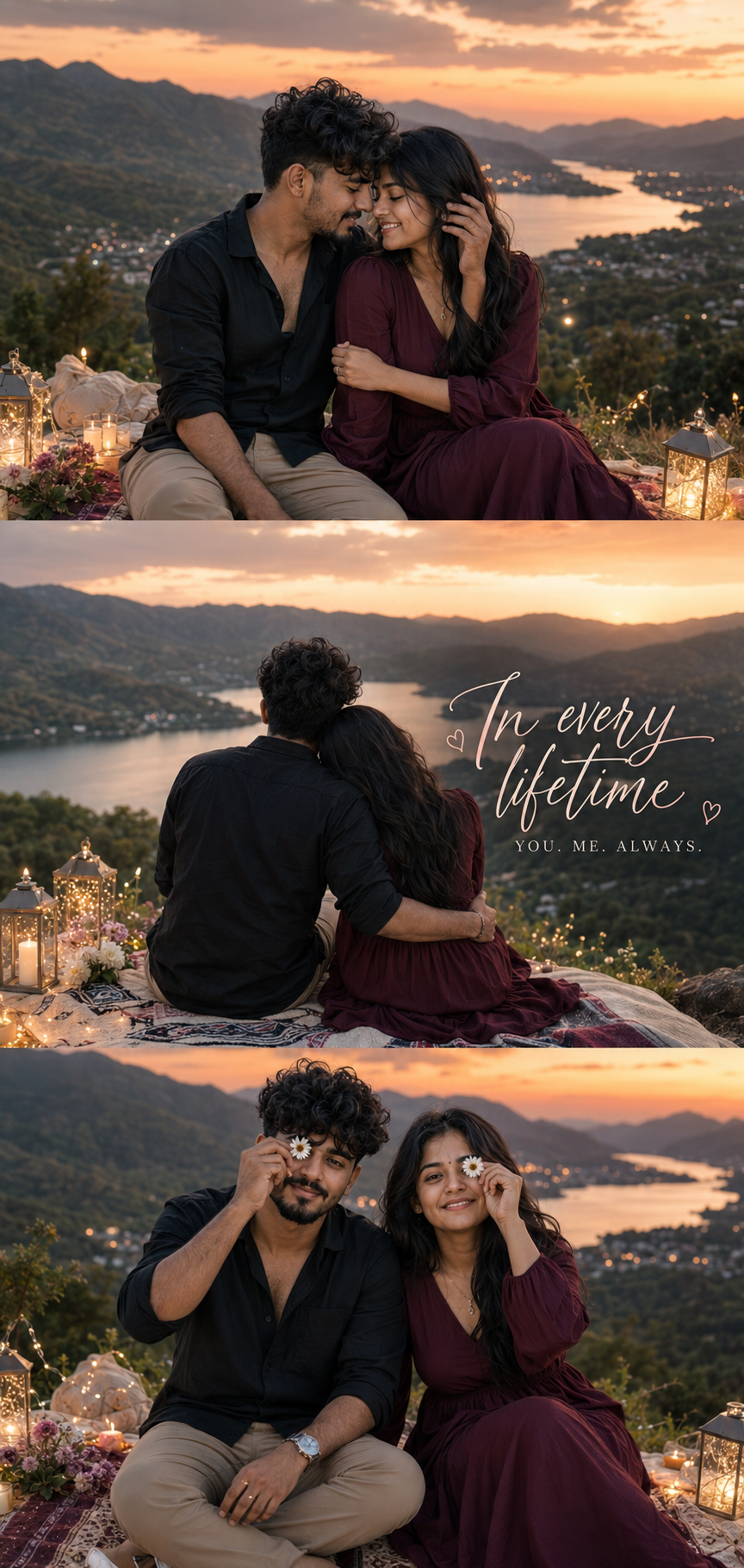 Romantic sunset picnic by the lake