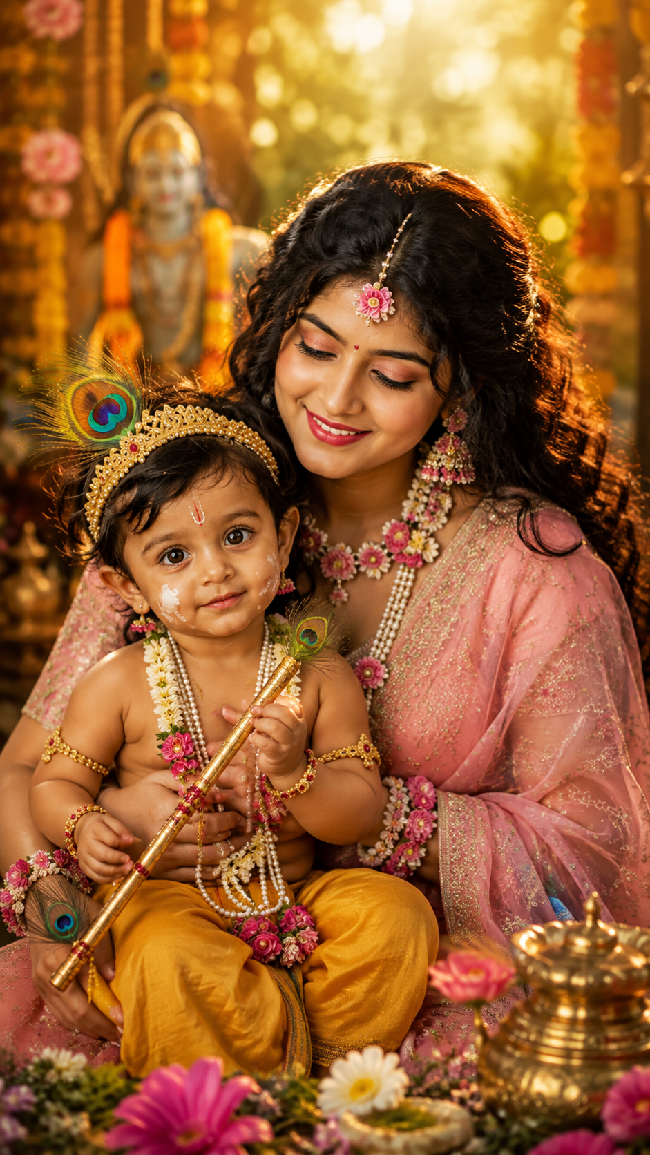 Mother and Child in Krishna-Inspired Splendor