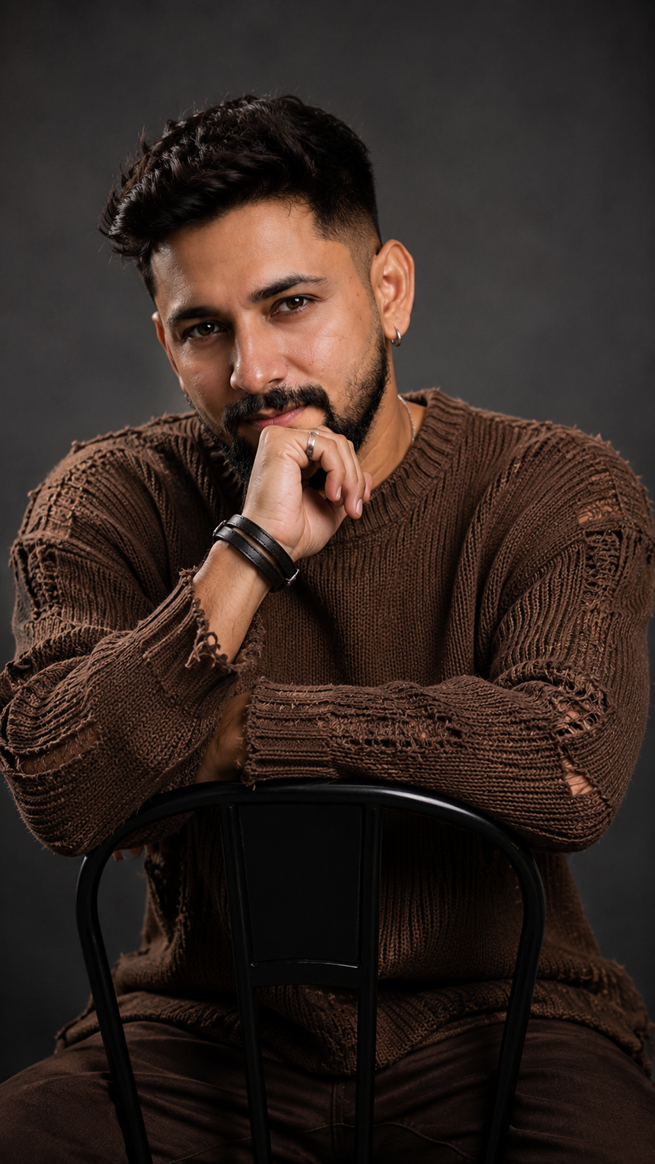 Thoughtful Portrait in Textured Knitwear
