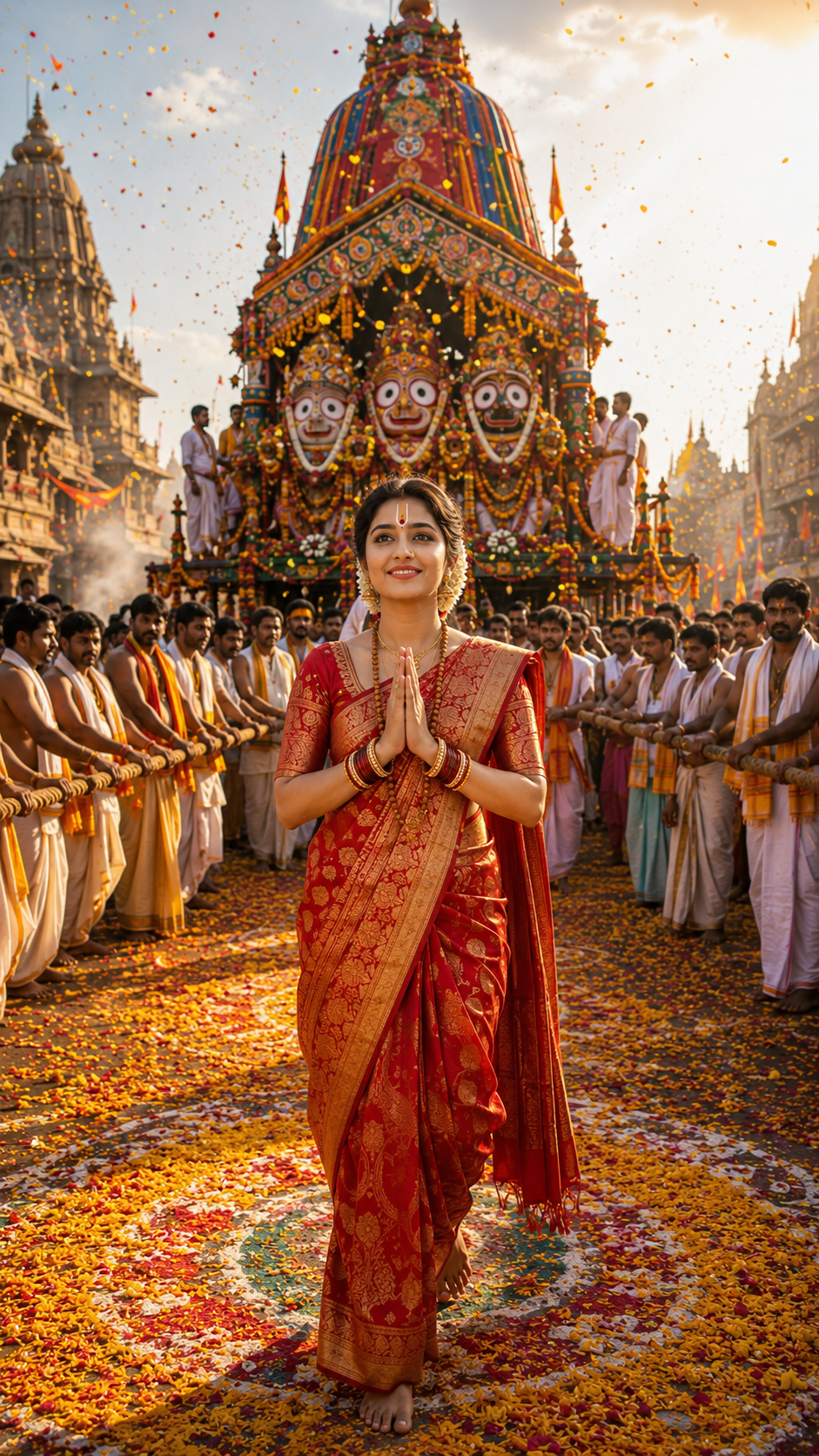 Chariot procession in golden sunlight